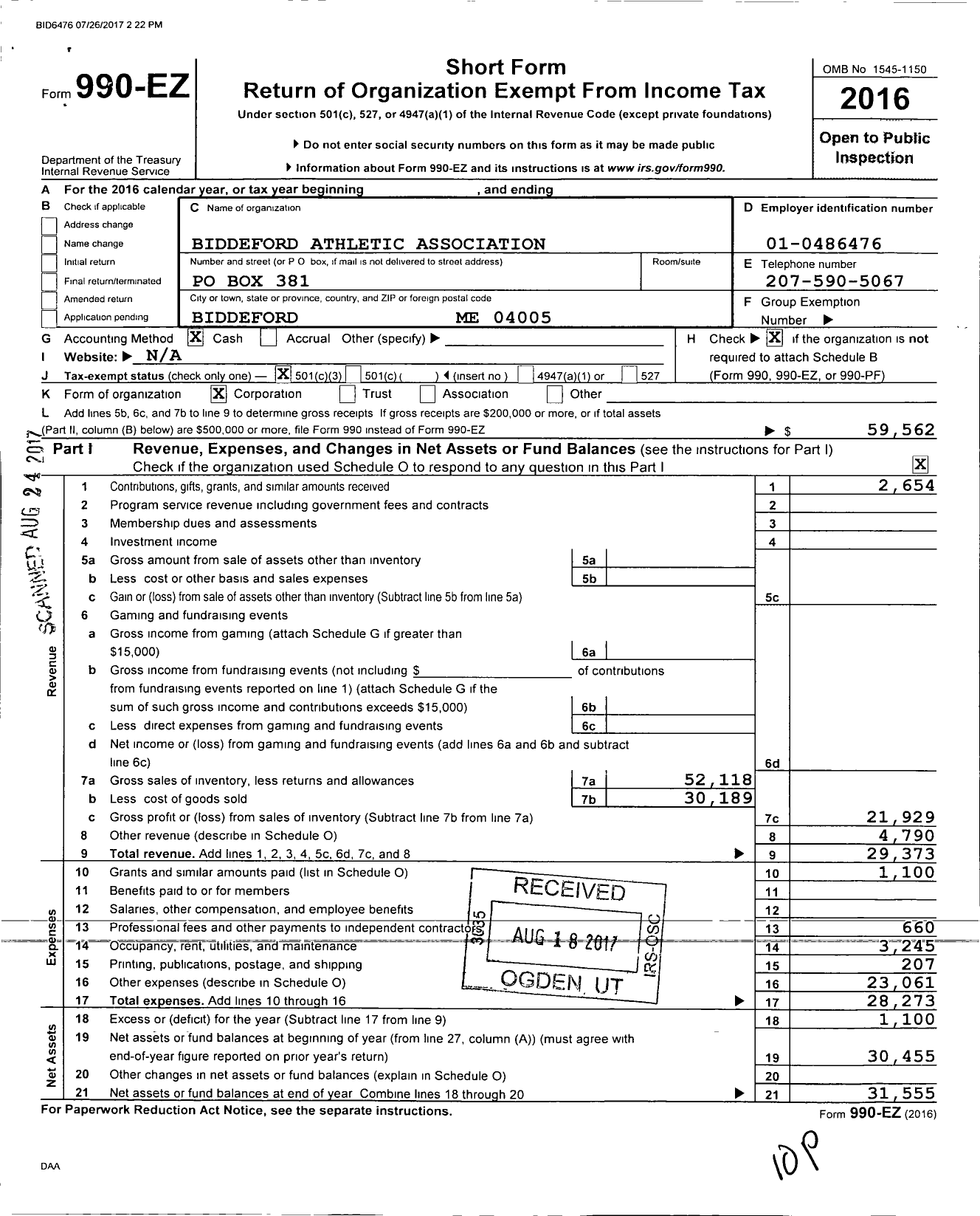 Image of first page of 2016 Form 990EZ for Biddeford Athletic Association