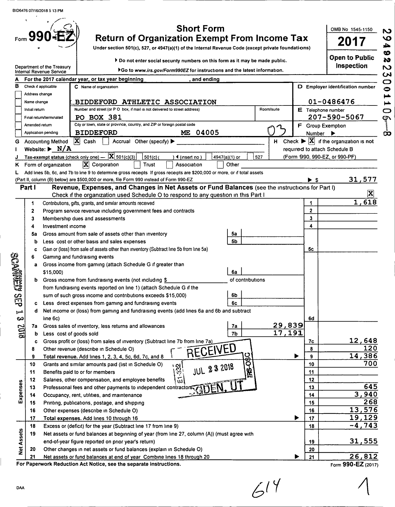 Image of first page of 2017 Form 990EZ for Biddeford Athletic Association