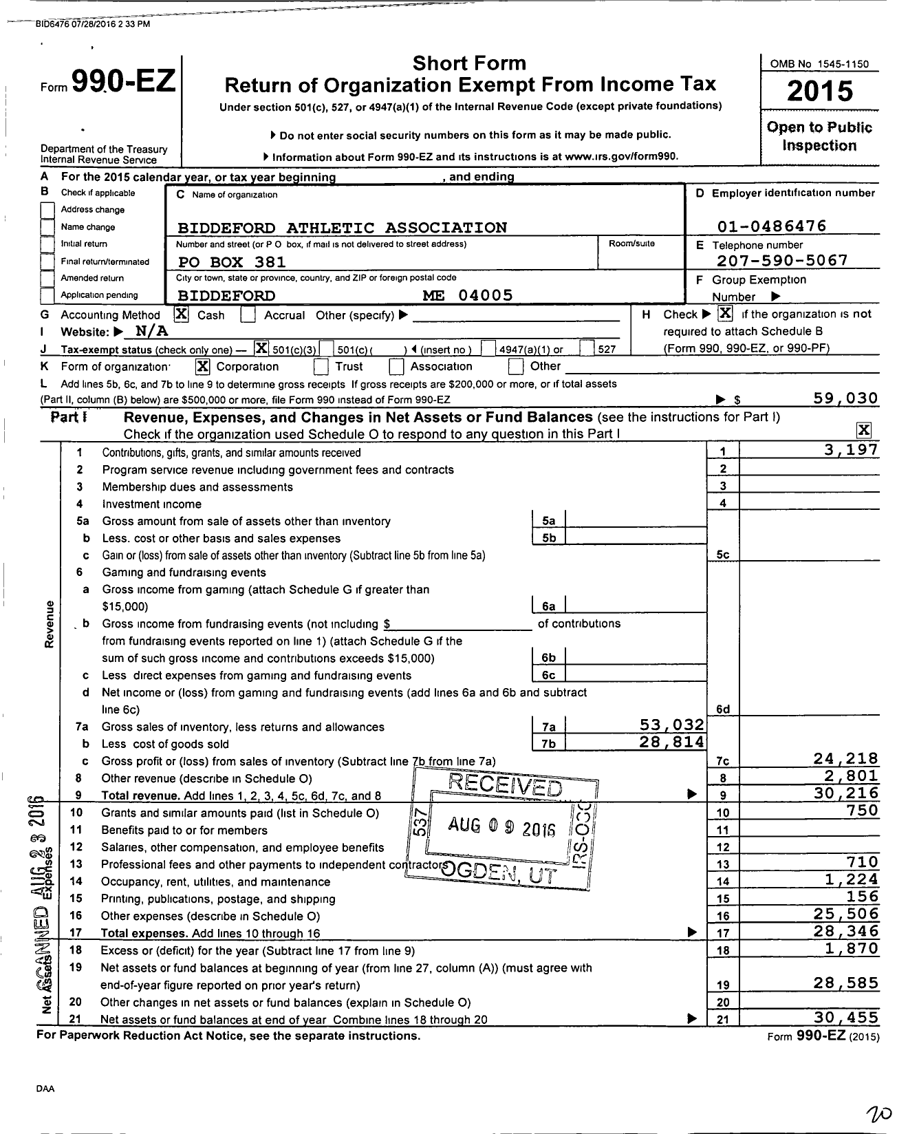 Image of first page of 2015 Form 990EZ for Biddeford Athletic Association