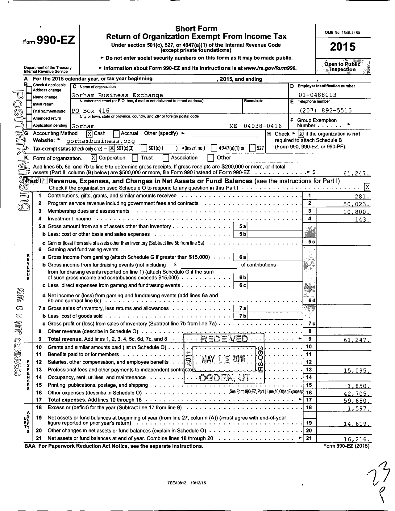 Image of first page of 2015 Form 990EZ for Gorham Business Exchange