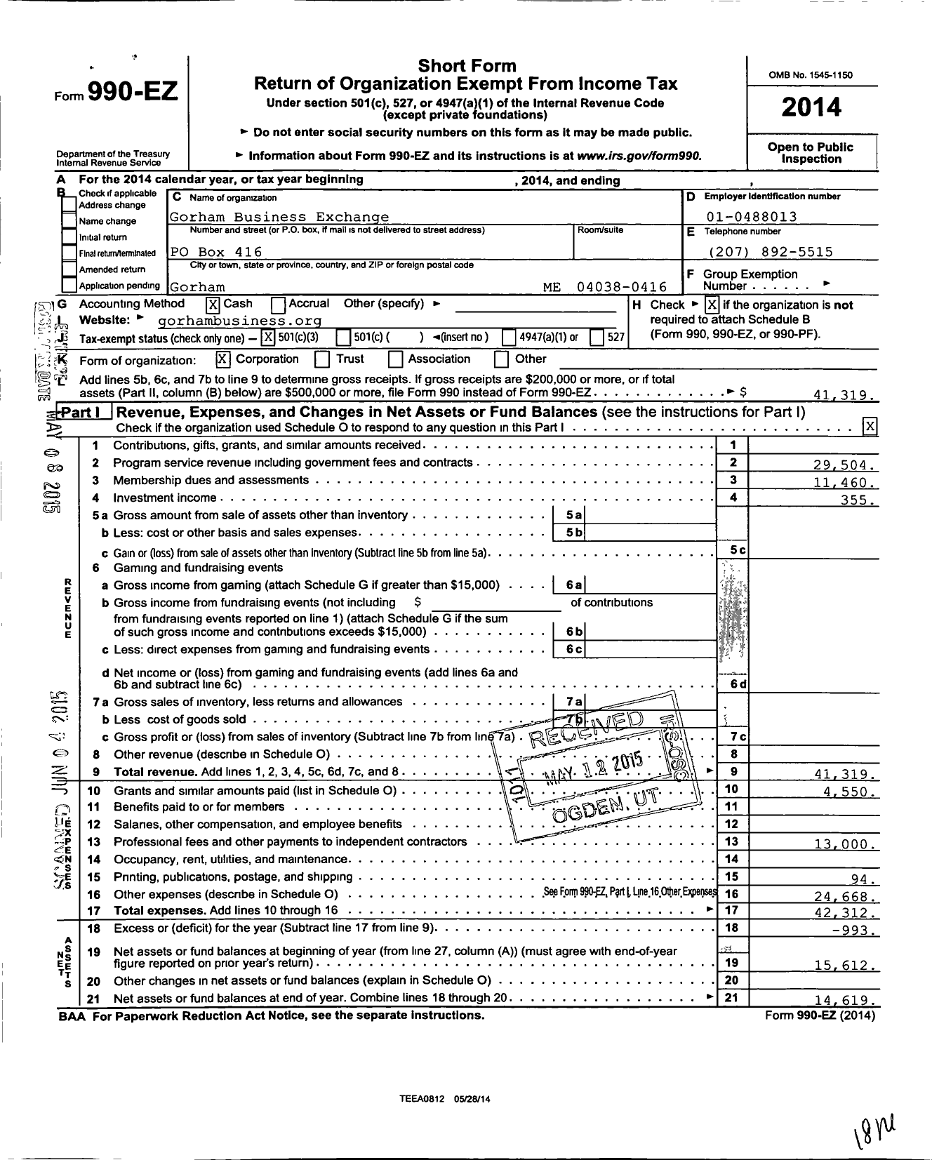 Image of first page of 2014 Form 990EZ for Gorham Business Exchange