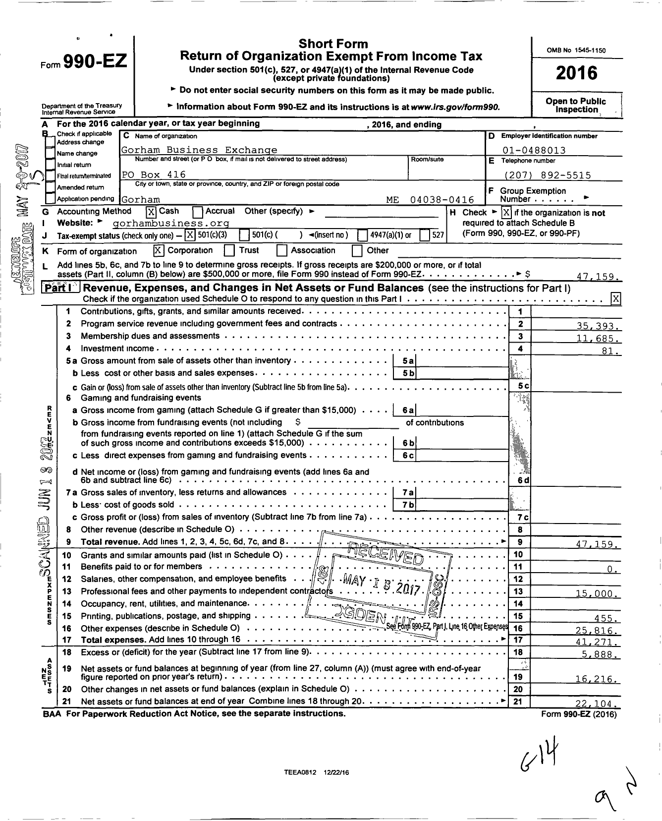 Image of first page of 2016 Form 990EZ for Gorham Business Exchange