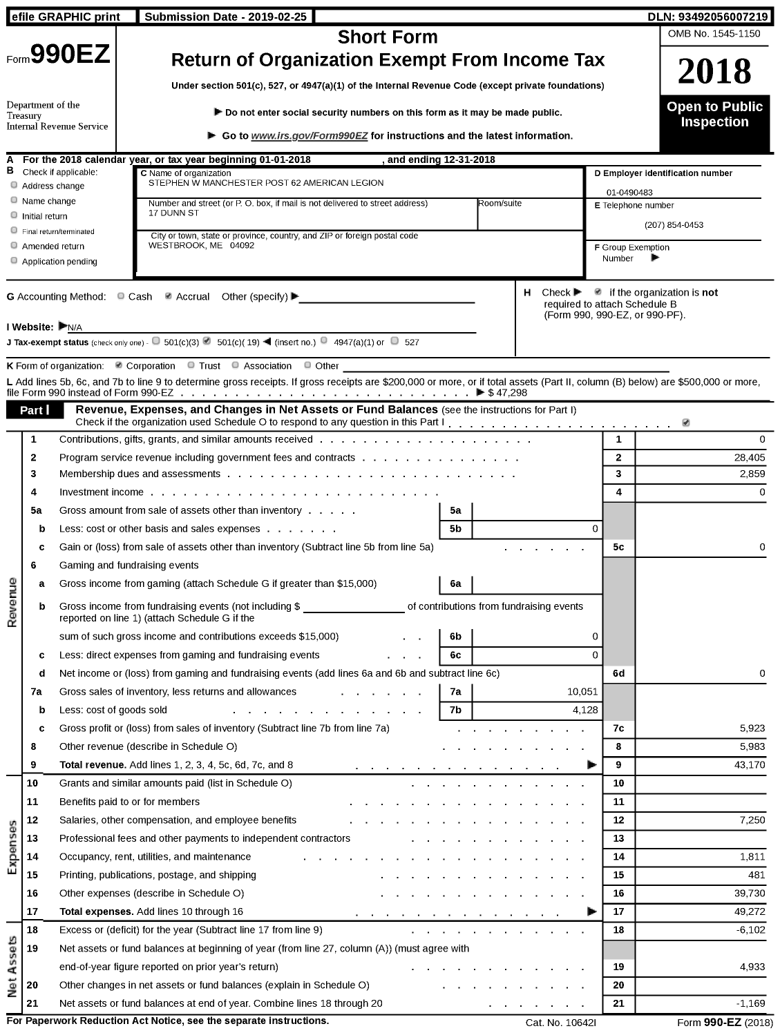 Image of first page of 2018 Form 990EZ for Stephen W Manchester Post 62 American Legion