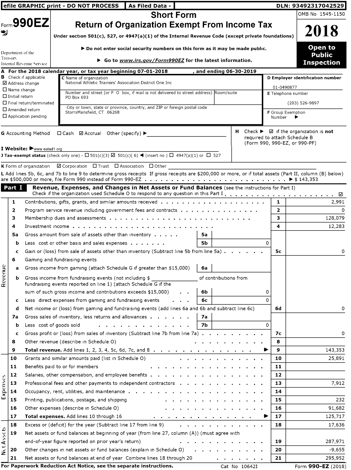 Image of first page of 2018 Form 990EO for National Athletic Trainers' Association District One