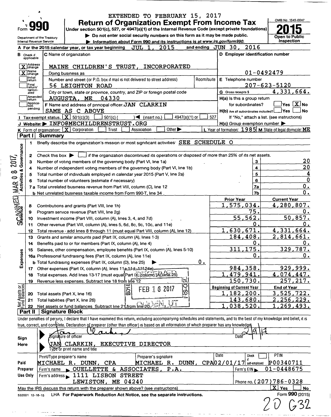 Image of first page of 2015 Form 990 for Maine Children's Trust