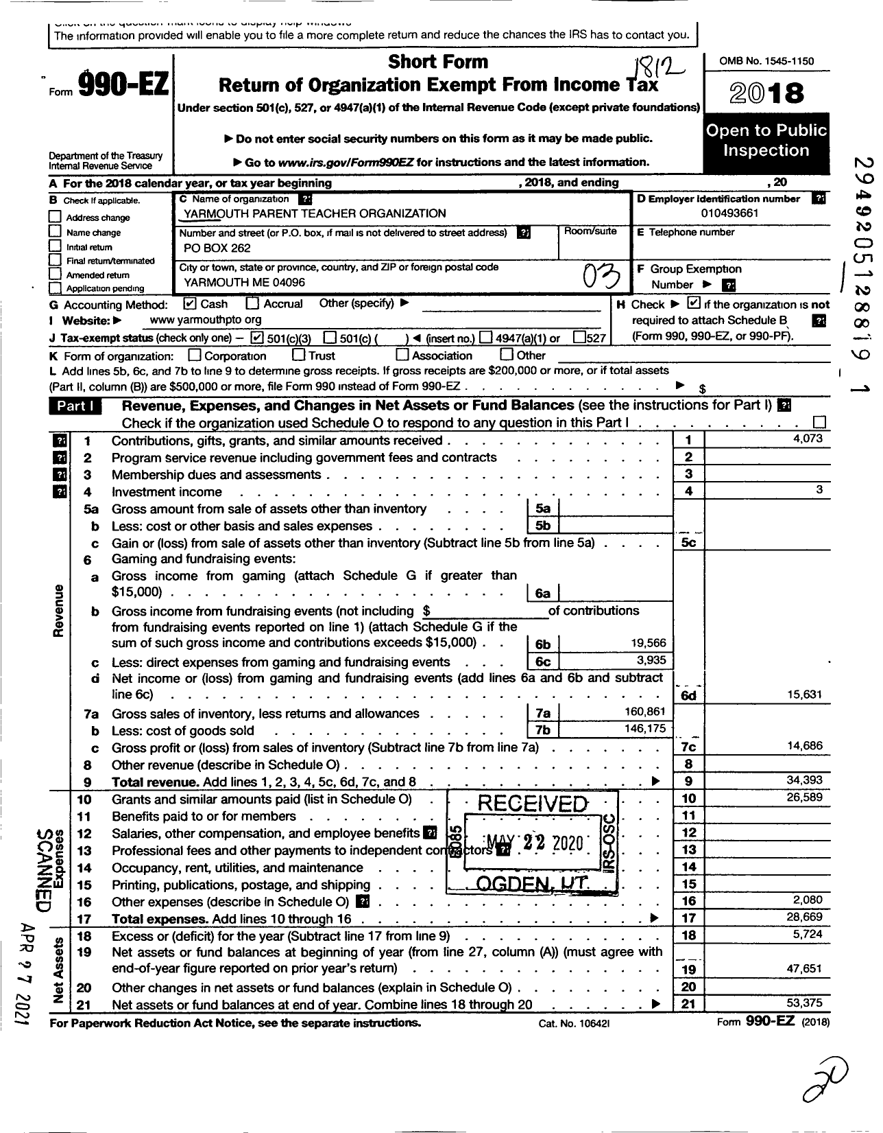 Image of first page of 2018 Form 990EZ for Yarmouth Parent Teacher Organization