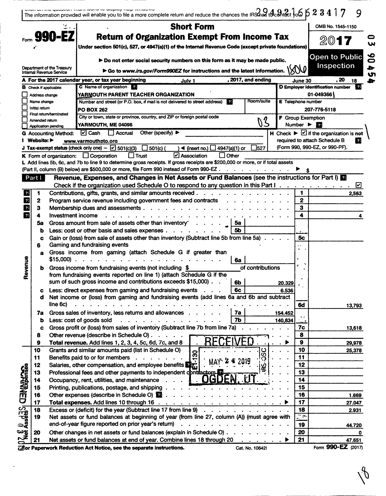 Image of first page of 2017 Form 990EZ for Yarmouth Parent Teacher Organization