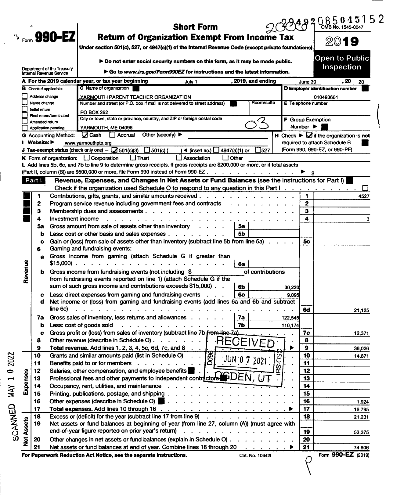 Image of first page of 2019 Form 990EZ for Yarmouth Parent Teacher Organization