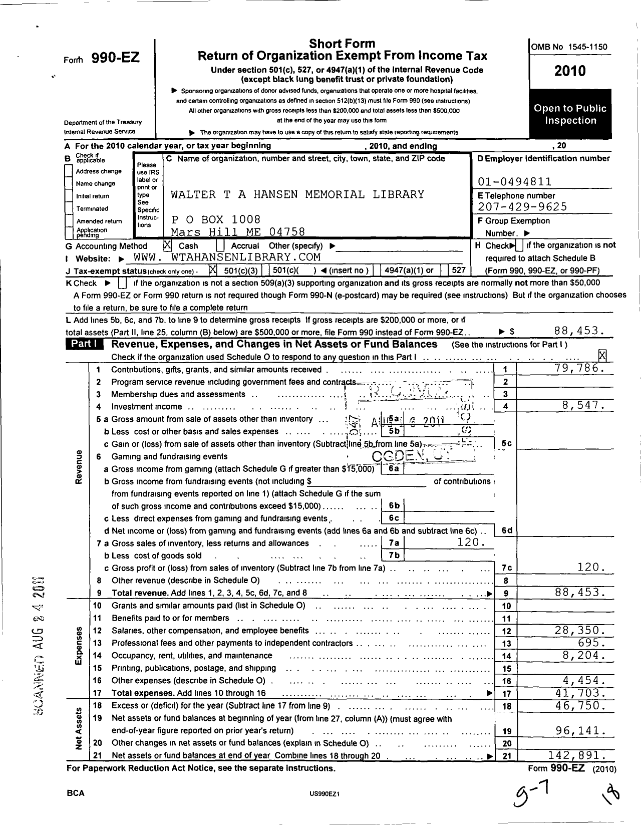 Image of first page of 2010 Form 990EZ for Walter T A Hansen Memorial Library Trust