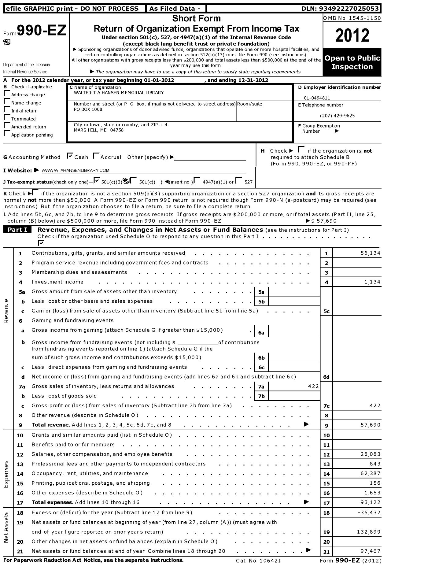 Image of first page of 2012 Form 990EZ for Walter T A Hansen Memorial Library Trust