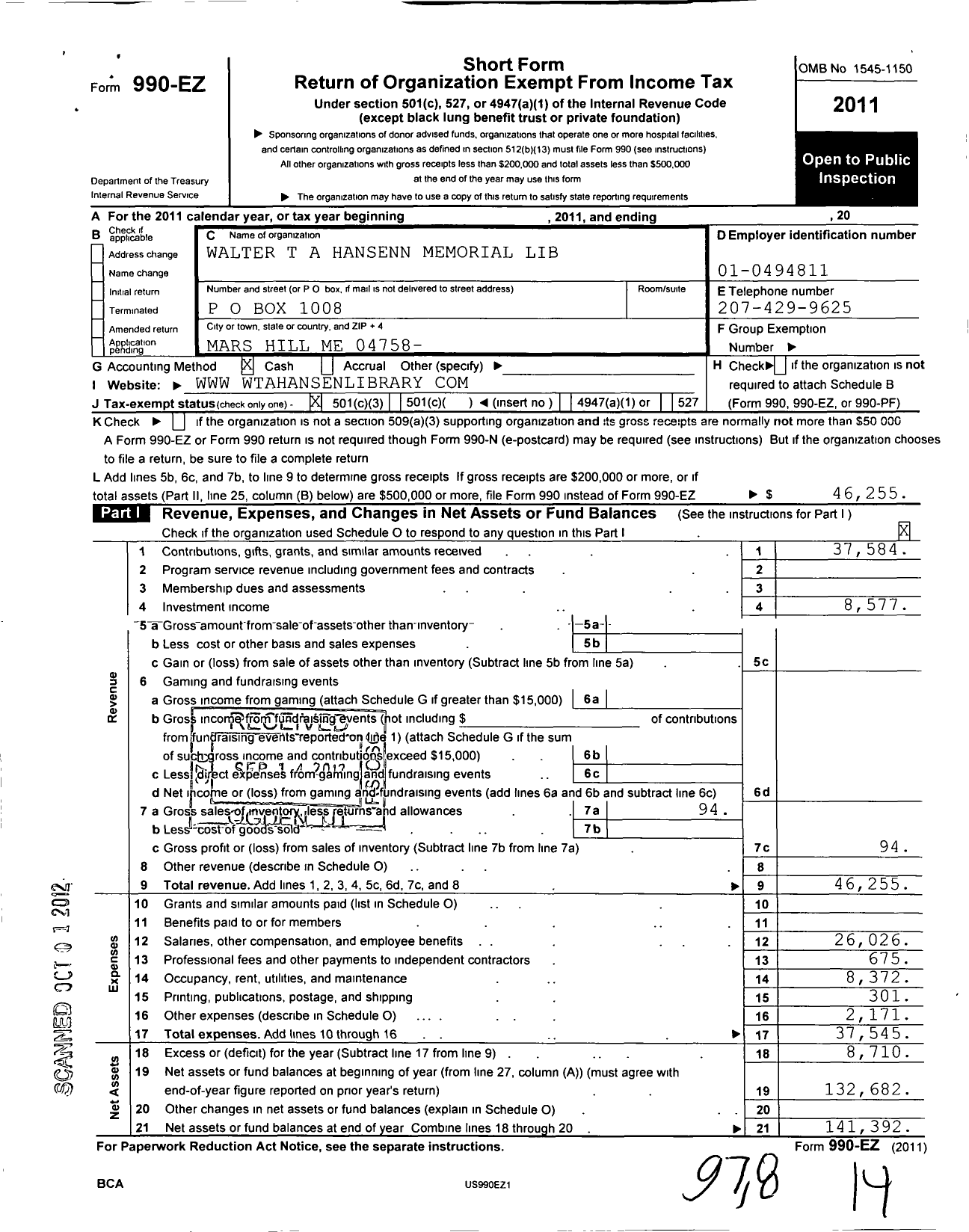 Image of first page of 2011 Form 990EZ for Walter T A Hansen Memorial Library Trust