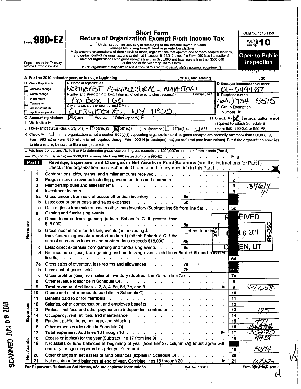 Image of first page of 2010 Form 990EO for Northeast Agricultural-Aviation Association