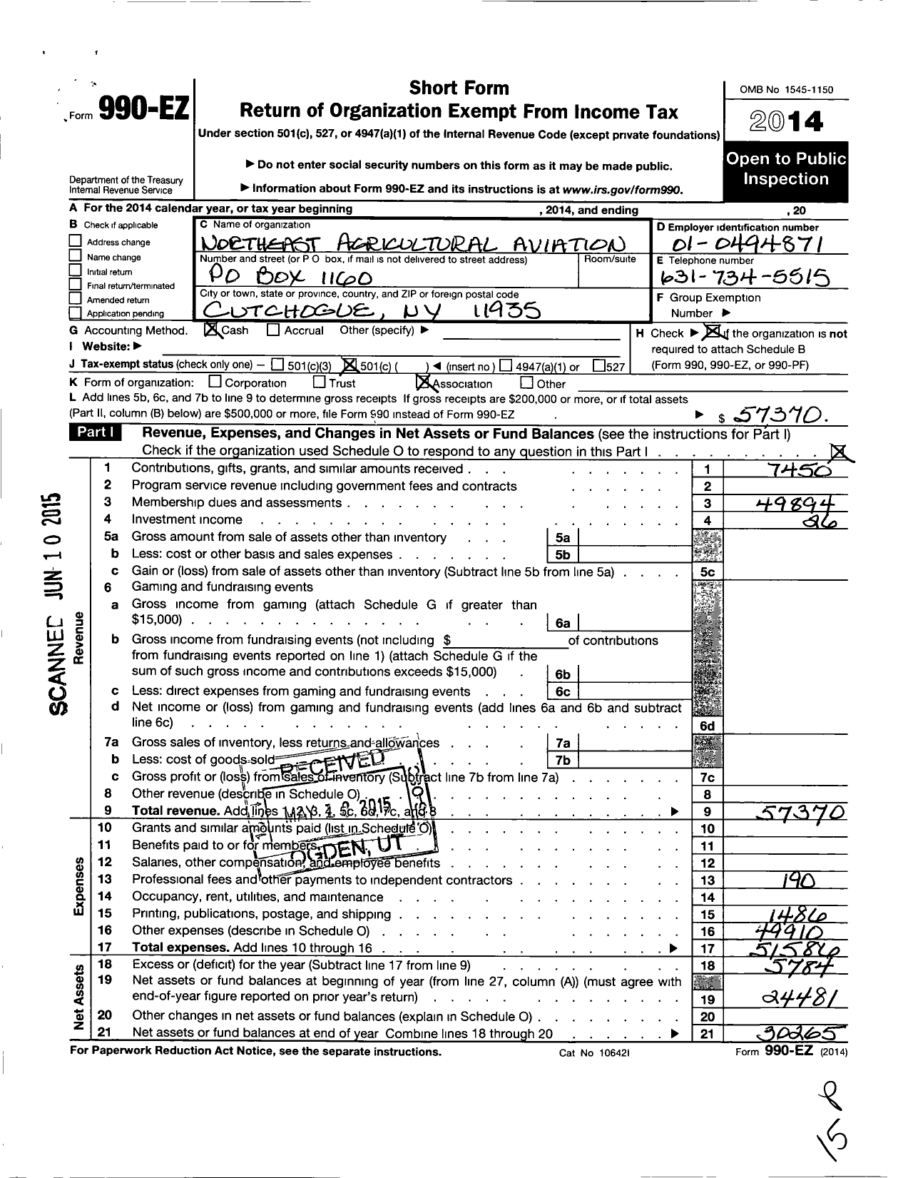 Image of first page of 2014 Form 990EO for Northeast Agricultural-Aviation Association