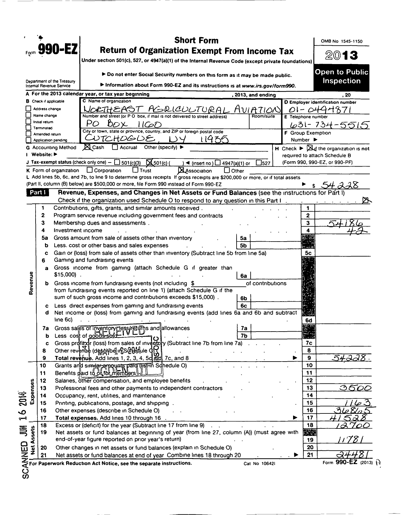 Image of first page of 2013 Form 990EO for Northeast Agricultural-Aviation Association