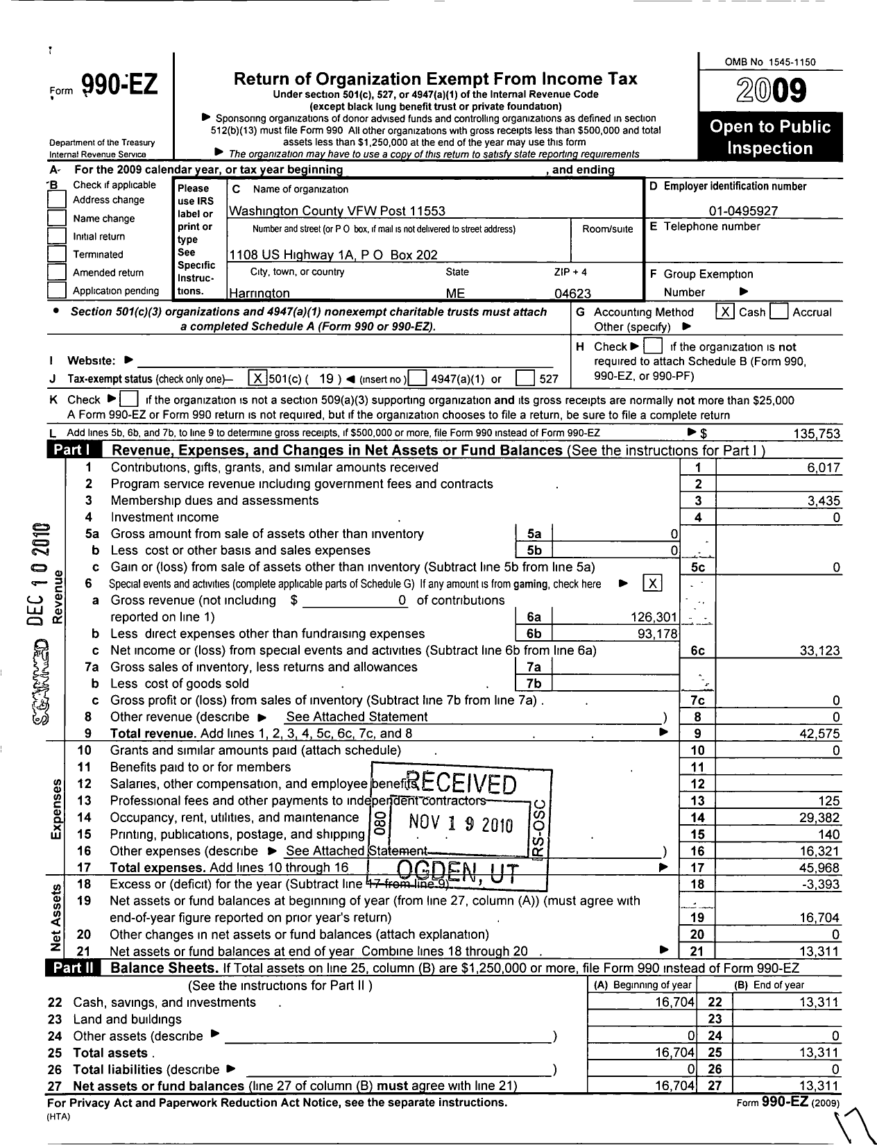 Image of first page of 2009 Form 990EO for Veterans of Foreign Wars of the United States Dept of Maine - 11553 Capt John E Williams