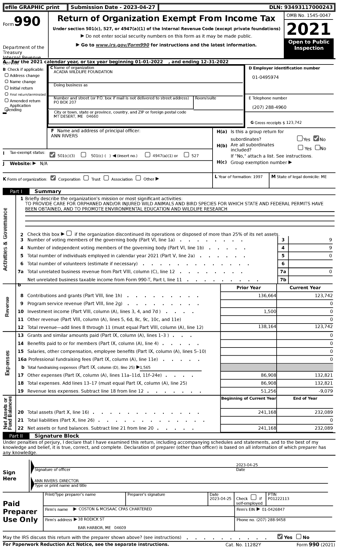 Image of first page of 2022 Form 990 for Acadia Wildlife Foundation