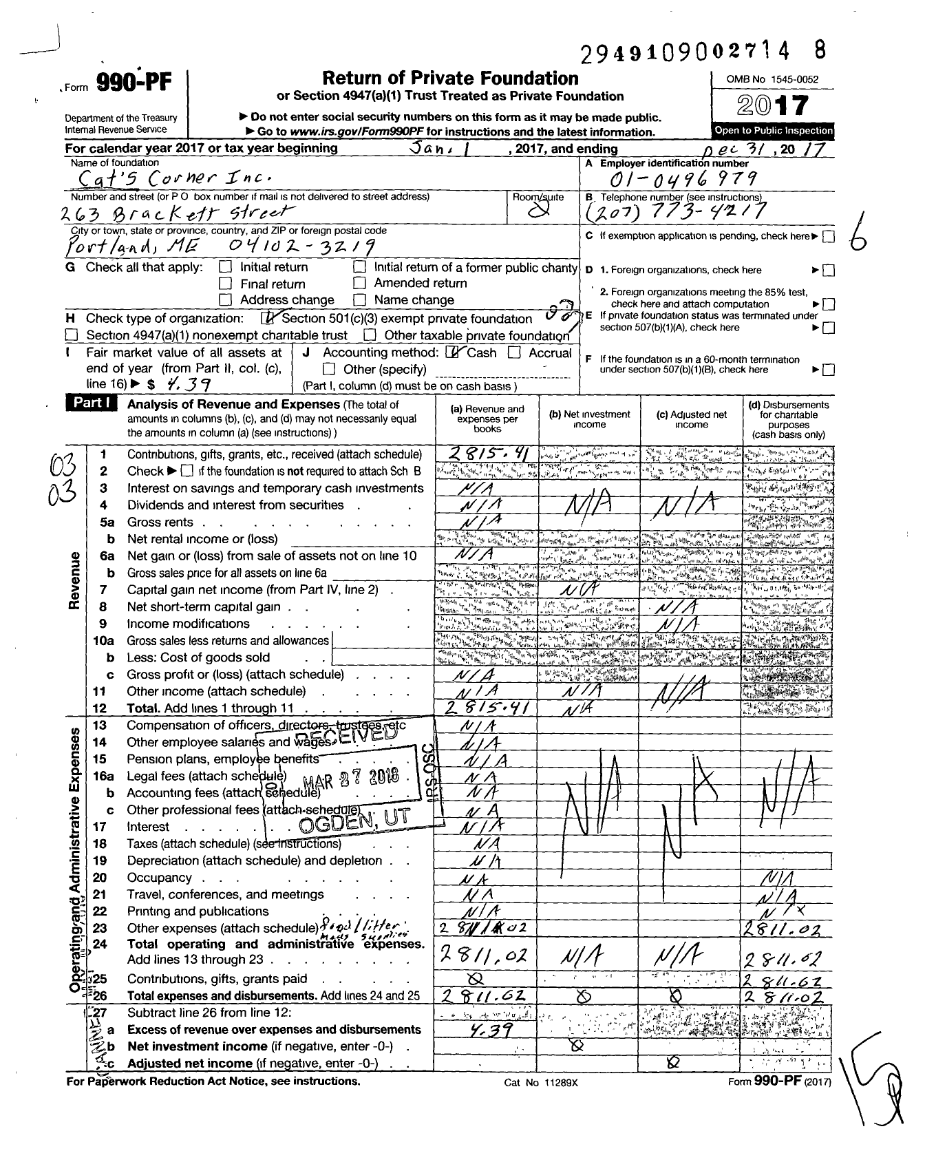 Image of first page of 2017 Form 990PF for Cat's Corner Incorporated