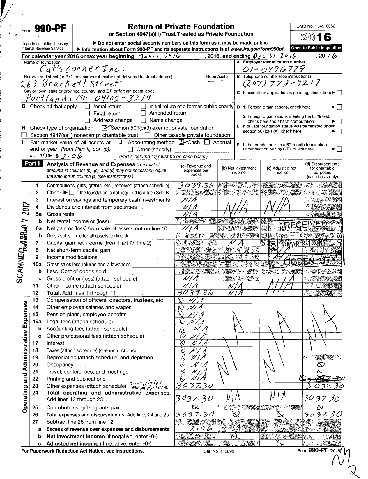 Image of first page of 2016 Form 990PF for Cat's Corner Incorporated