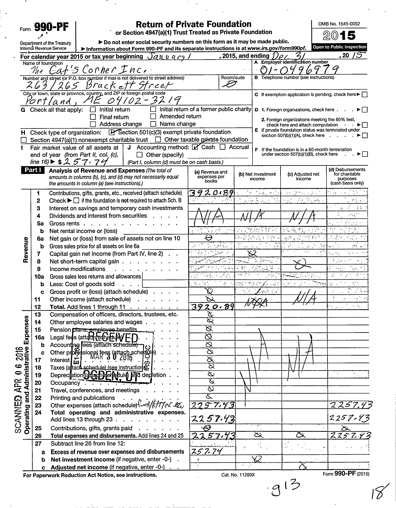 Image of first page of 2015 Form 990PF for Cat's Corner Incorporated