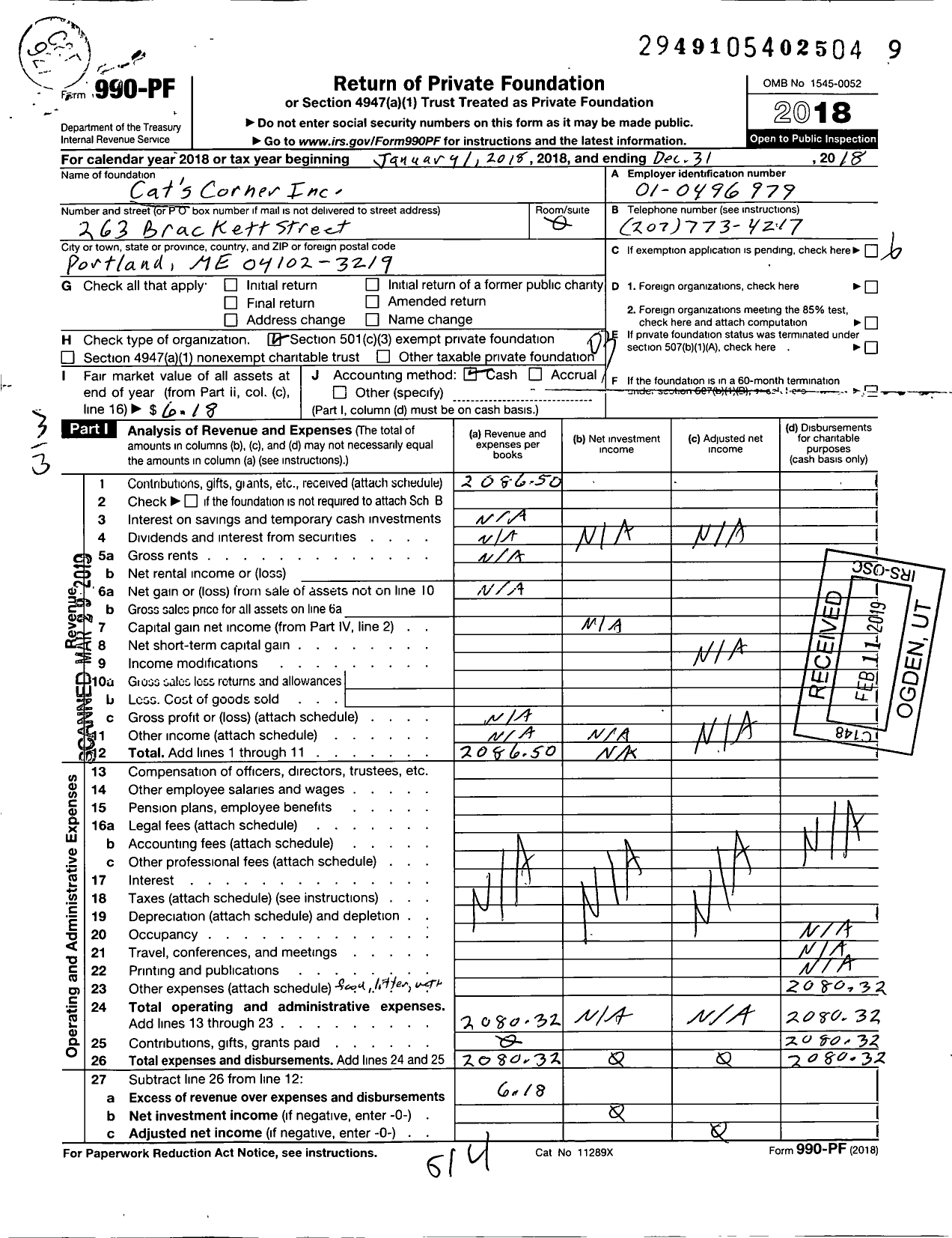 Image of first page of 2018 Form 990PF for Cat's Corner Incorporated