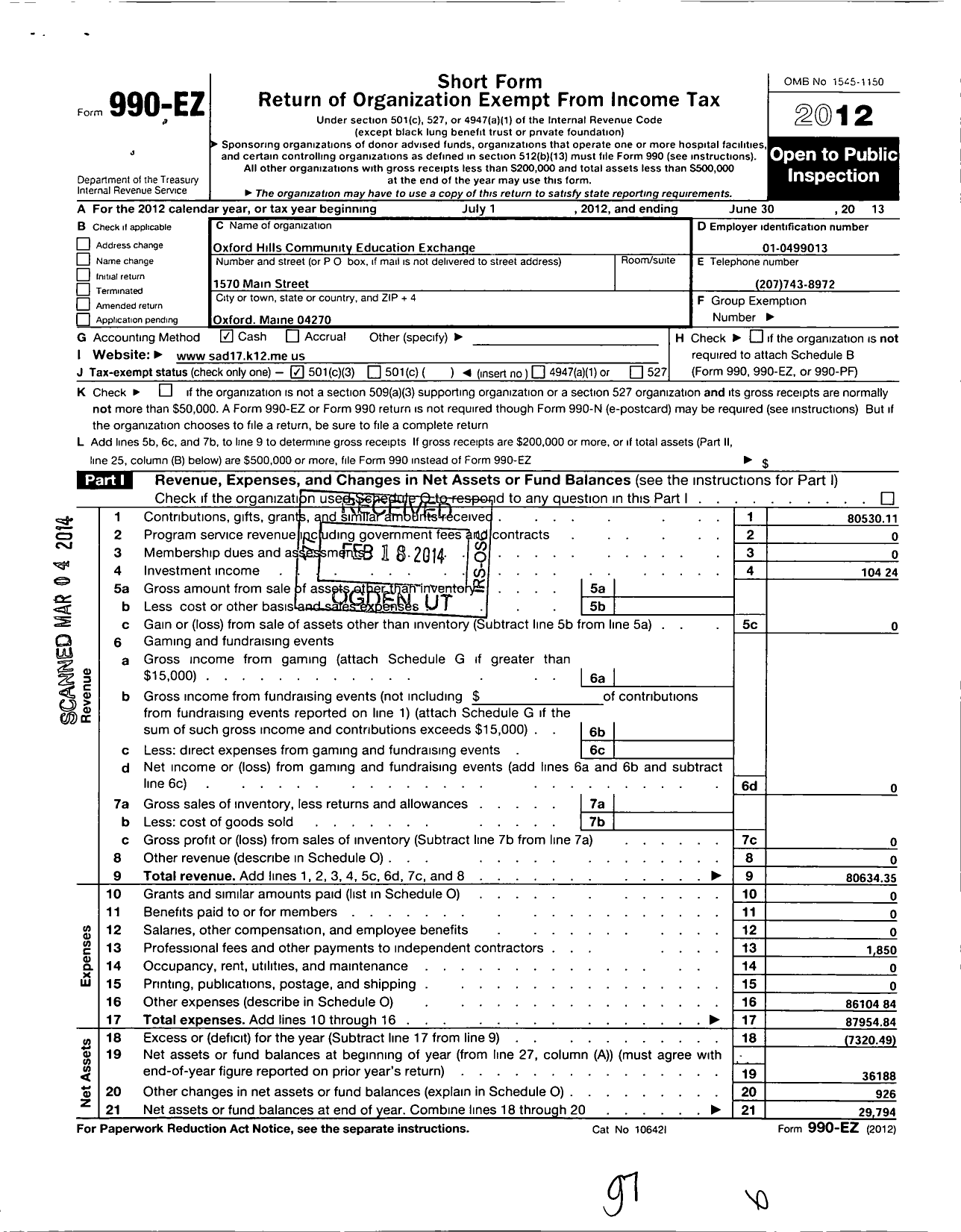 Image of first page of 2012 Form 990EZ for Oxford Hills Community Education Exchange