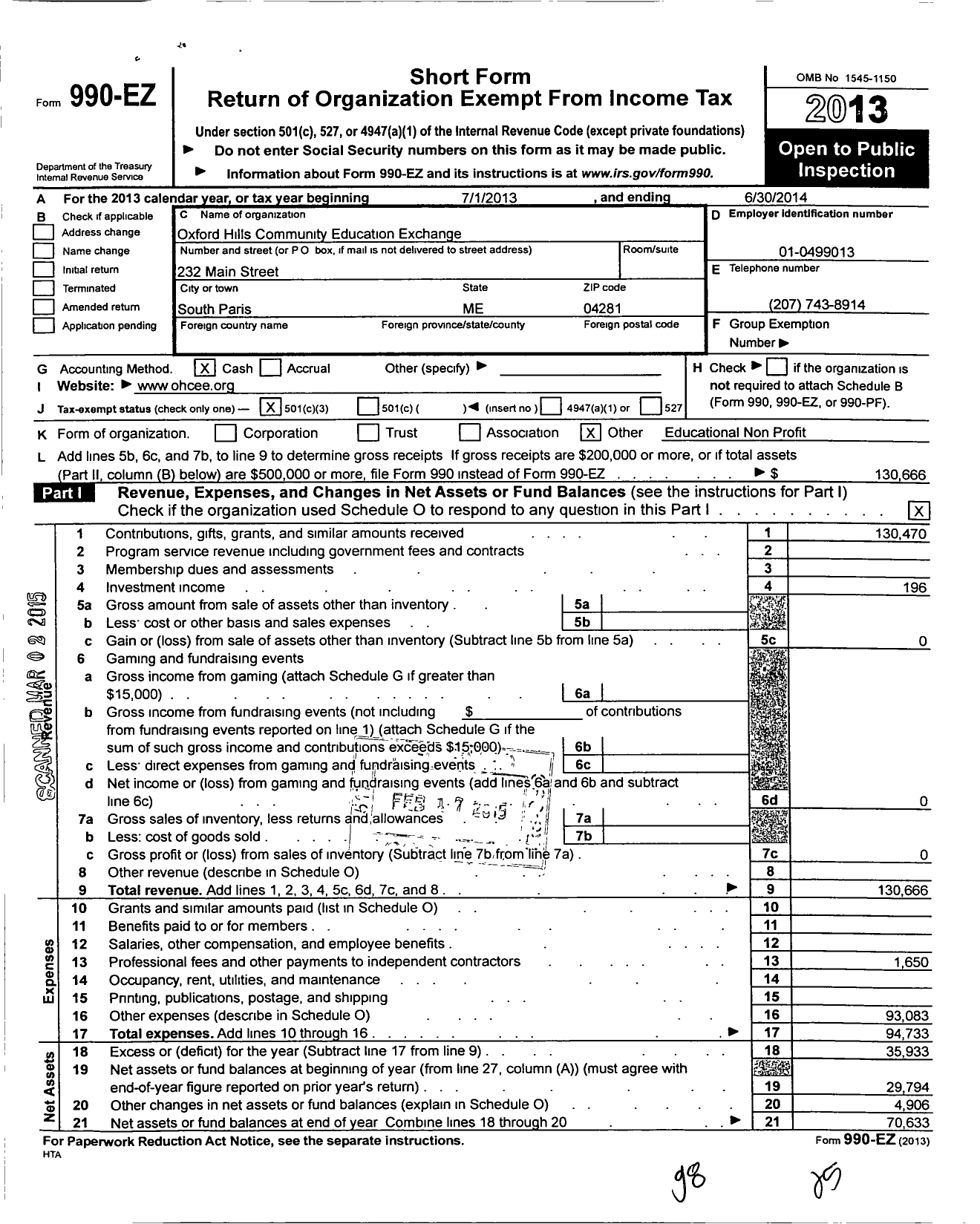 Image of first page of 2013 Form 990EZ for Oxford Hills Community Education Exchange