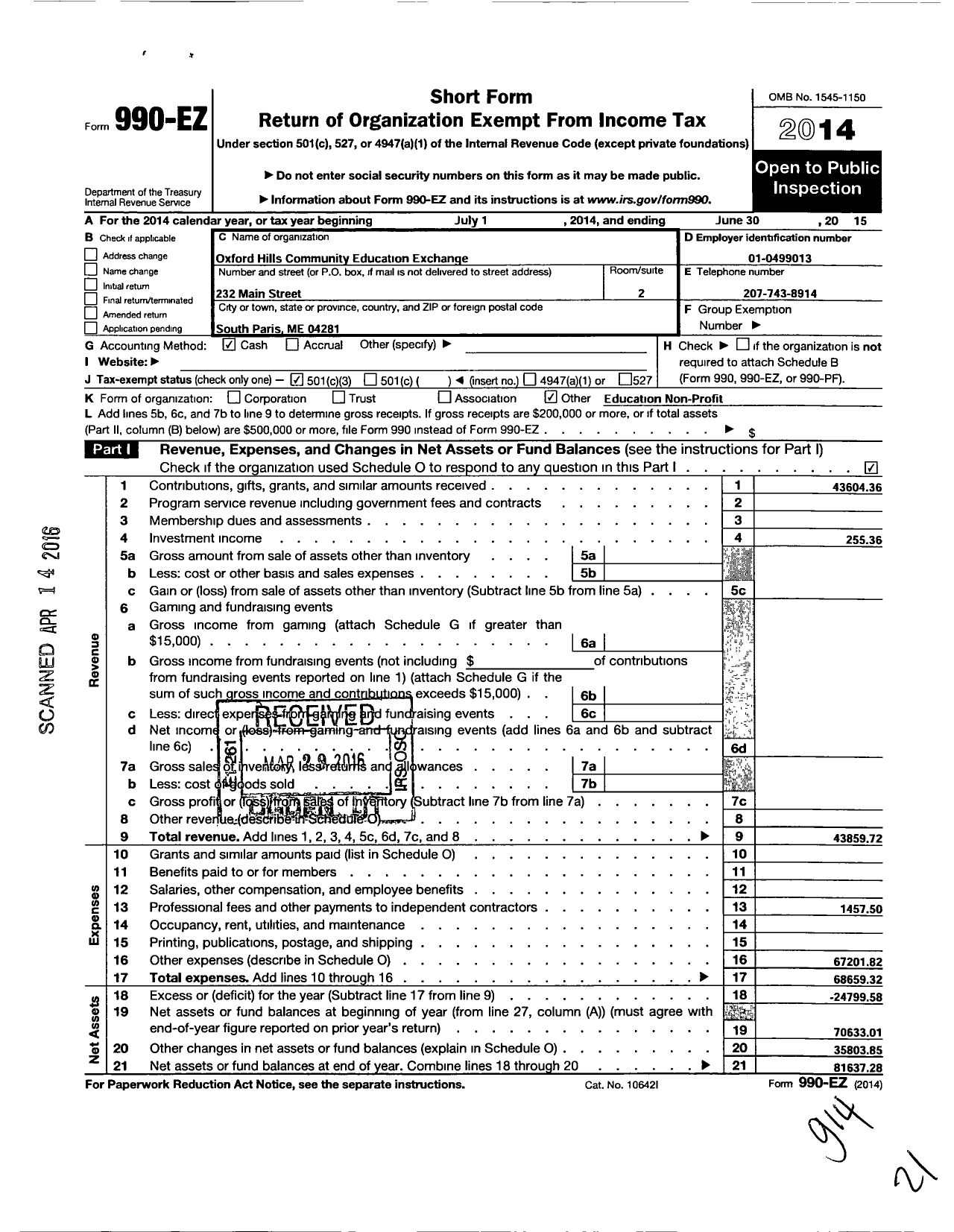 Image of first page of 2014 Form 990EZ for Oxford Hills Community Education Exchange