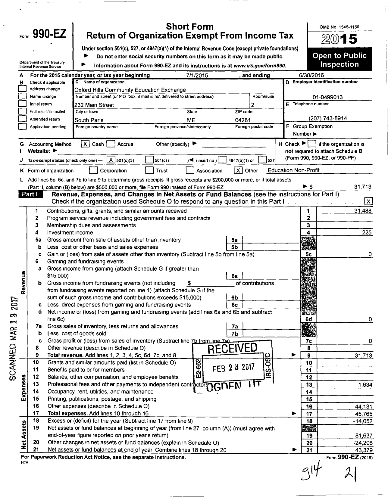 Image of first page of 2015 Form 990EZ for Oxford Hills Community Education Exchange