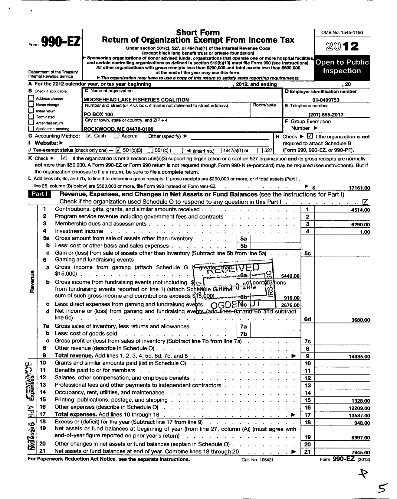 Image of first page of 2012 Form 990EZ for Moosehead Lake Fisheries Coalition