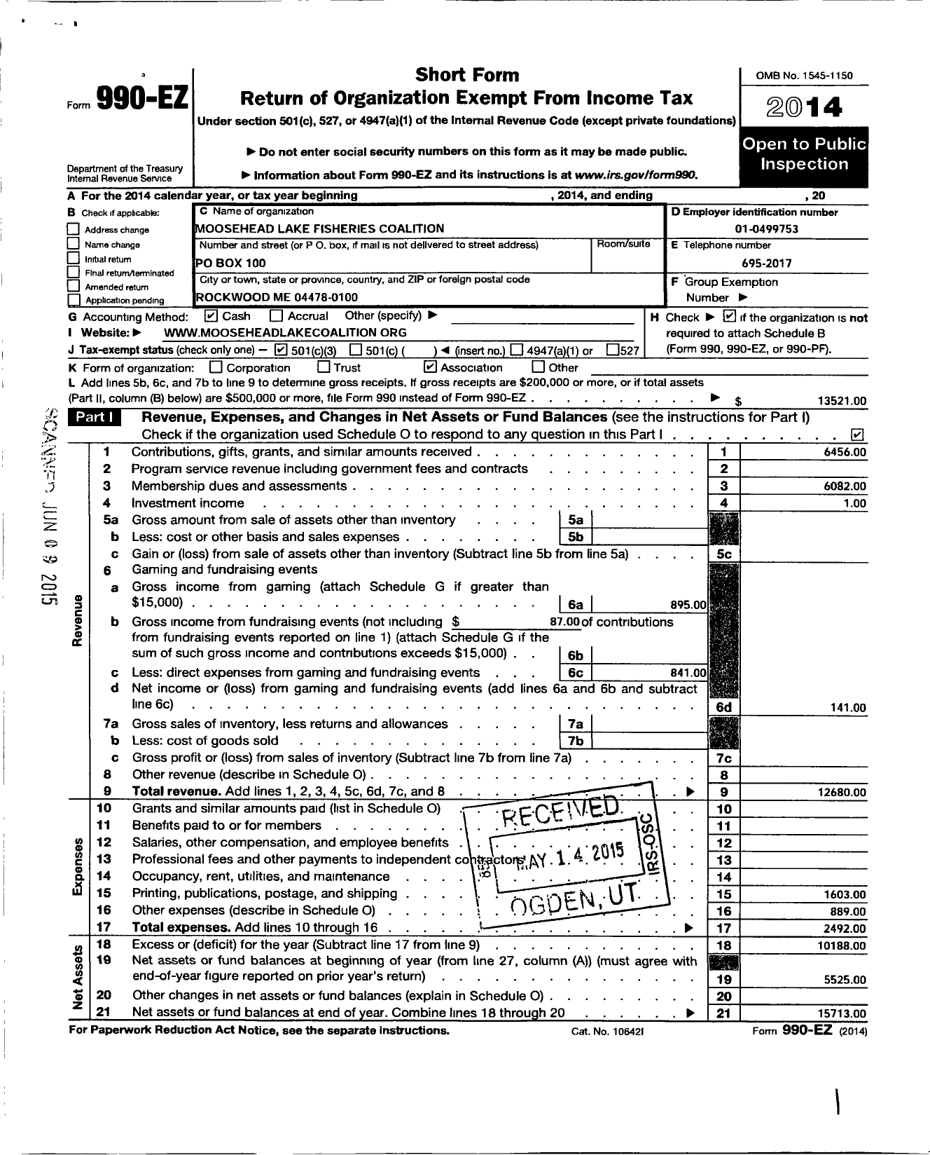 Image of first page of 2014 Form 990EZ for Moosehead Lake Fisheries Coalition