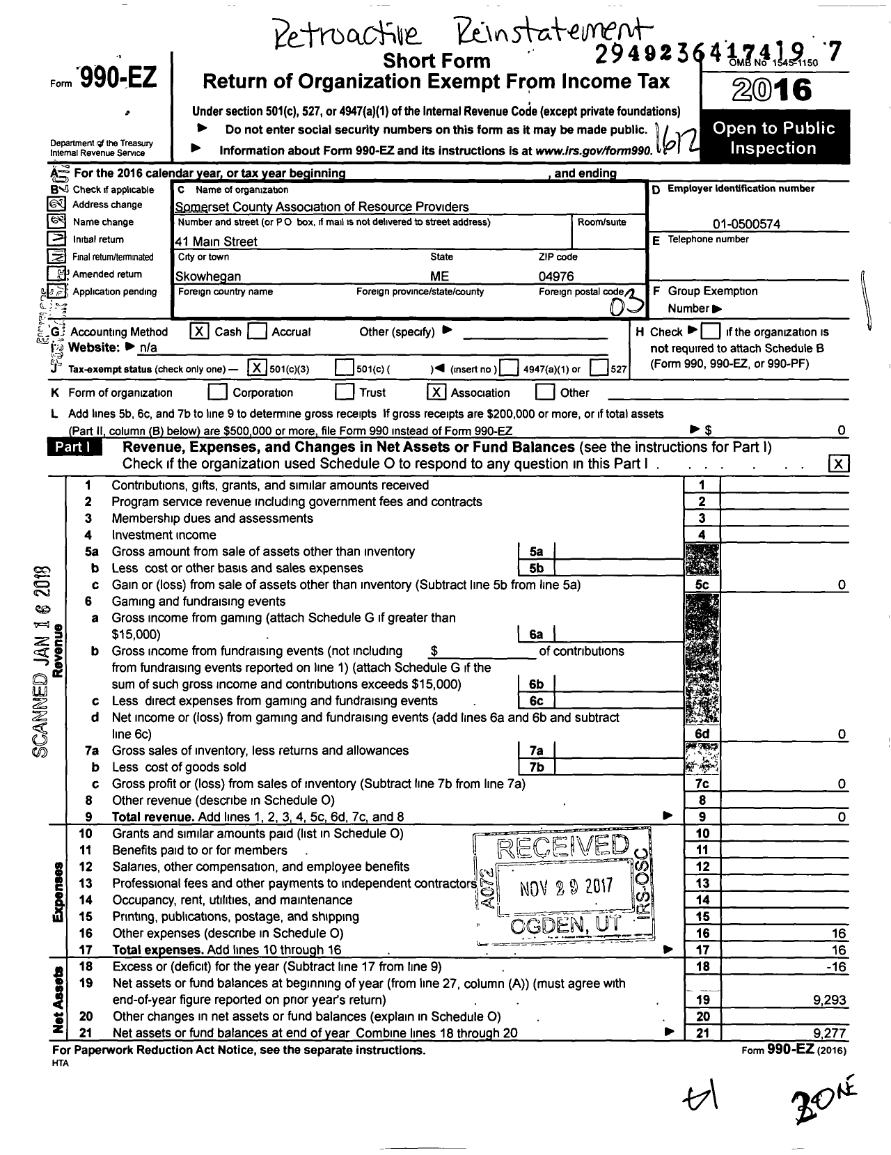 Image of first page of 2016 Form 990EZ for Somerset County Association of Resource Providers