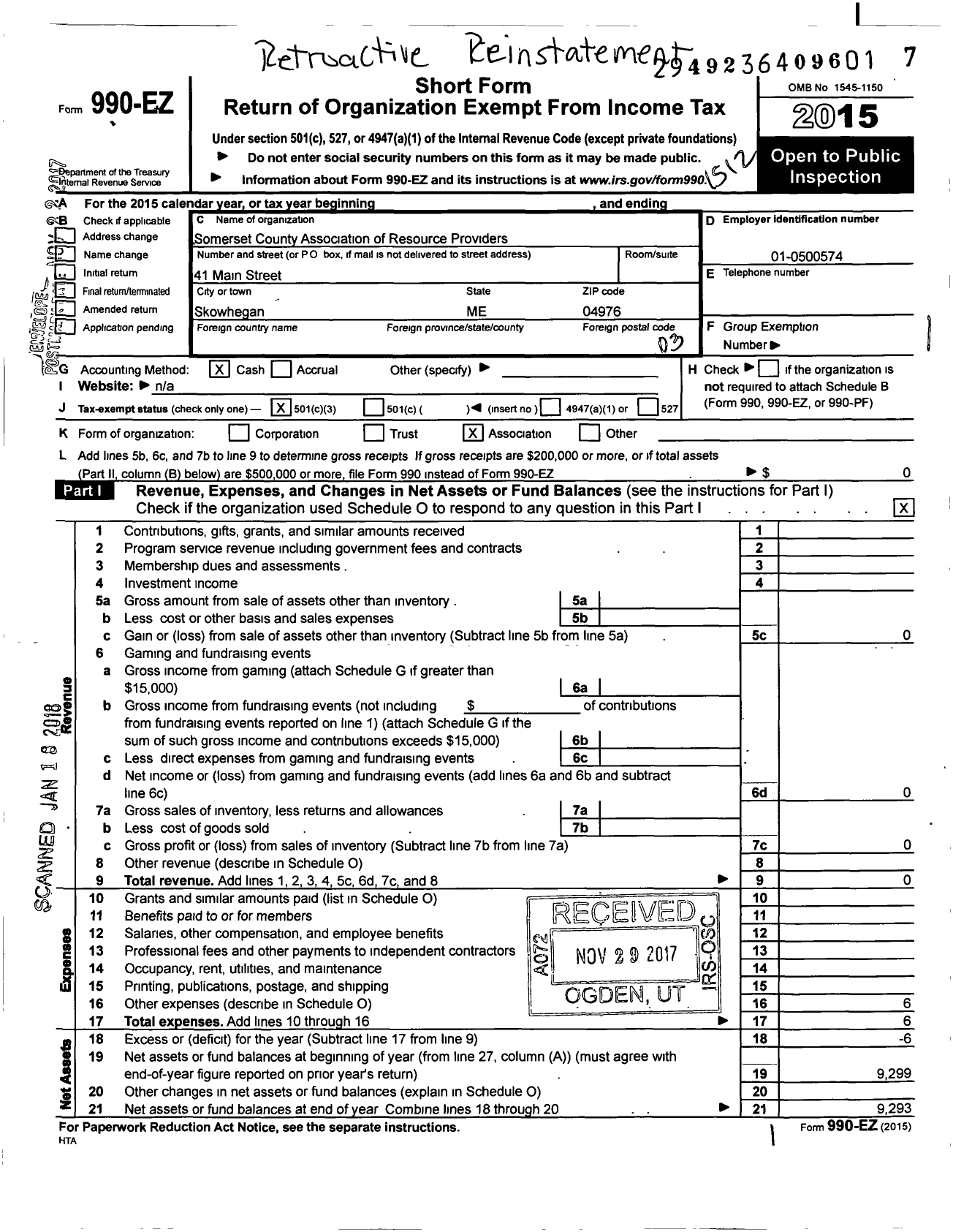 Image of first page of 2015 Form 990EZ for Somerset County Association of Resource Providers