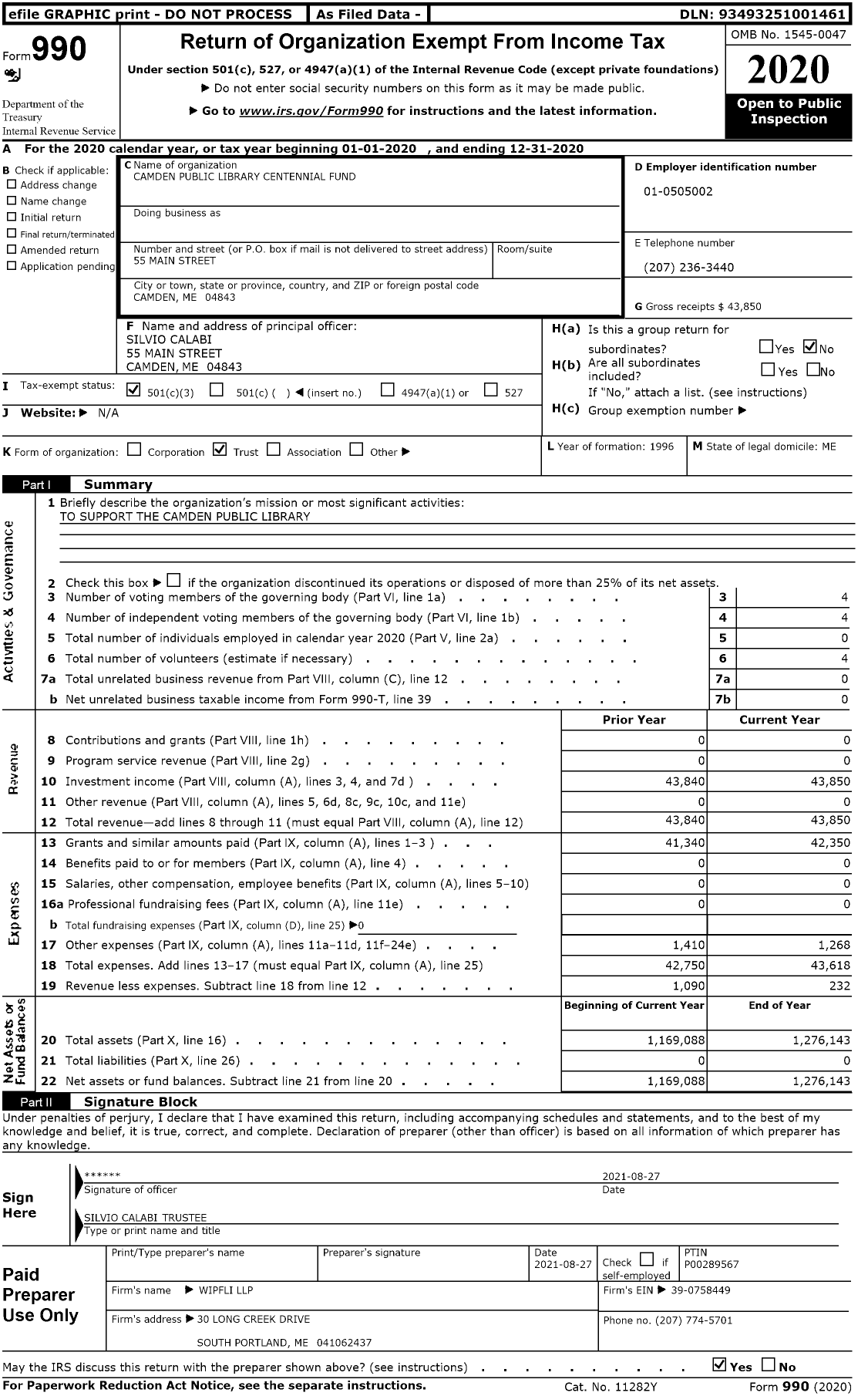 Image of first page of 2020 Form 990 for Camden Public Library Centennial Fund