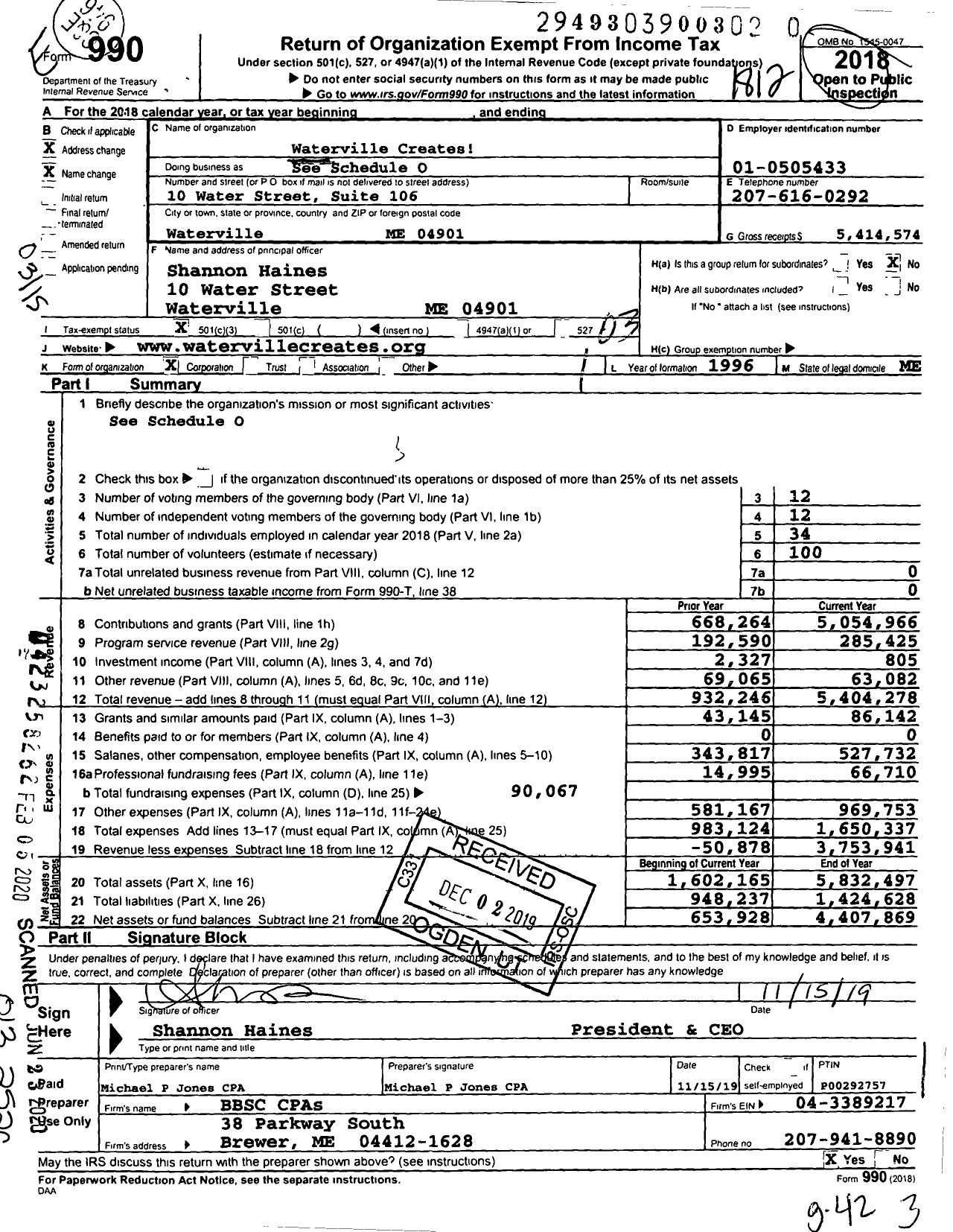 Image of first page of 2018 Form 990 for Waterville Creates