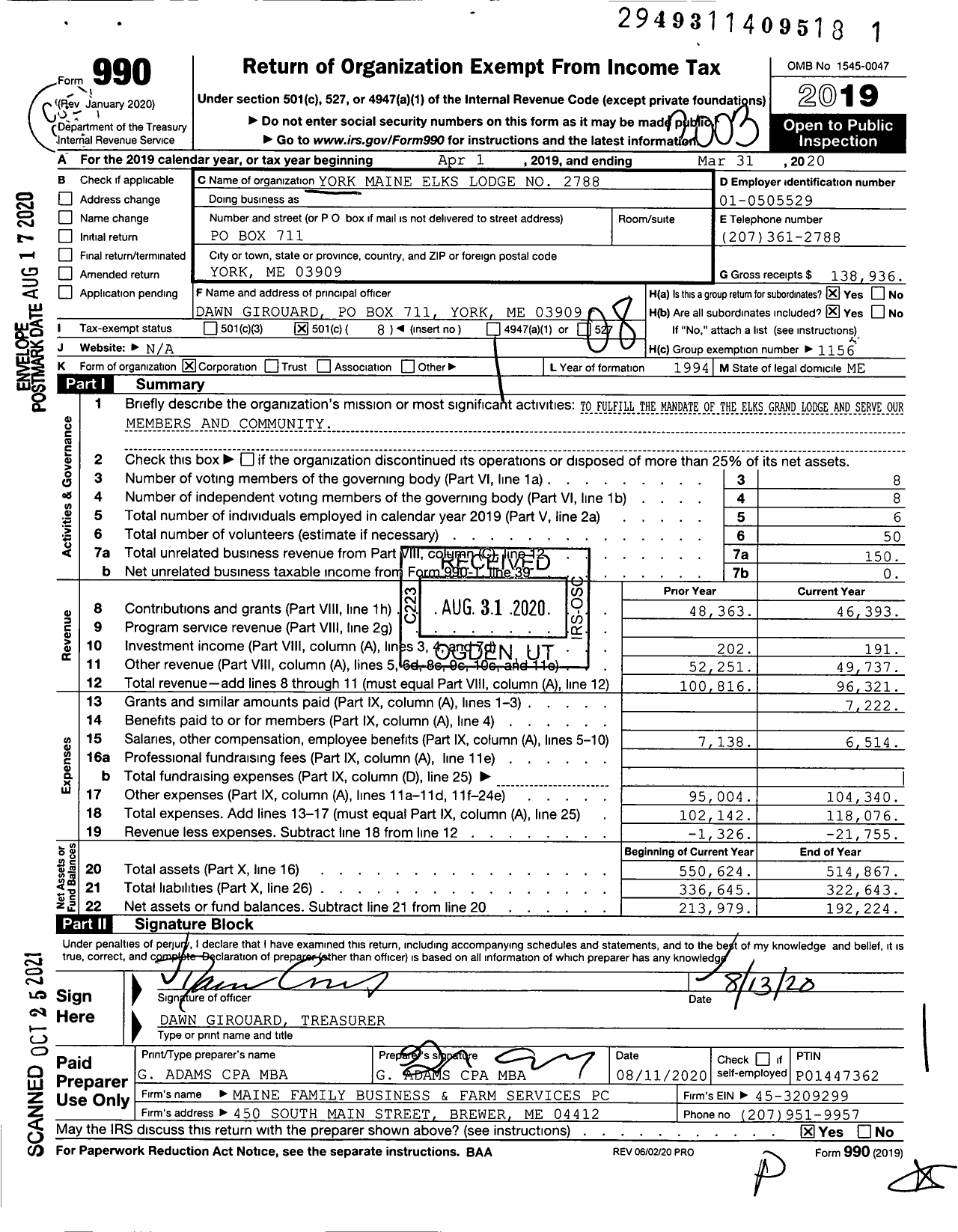 Image of first page of 2019 Form 990O for Benevolent and Protective Order of Elks - Lodge No 2788