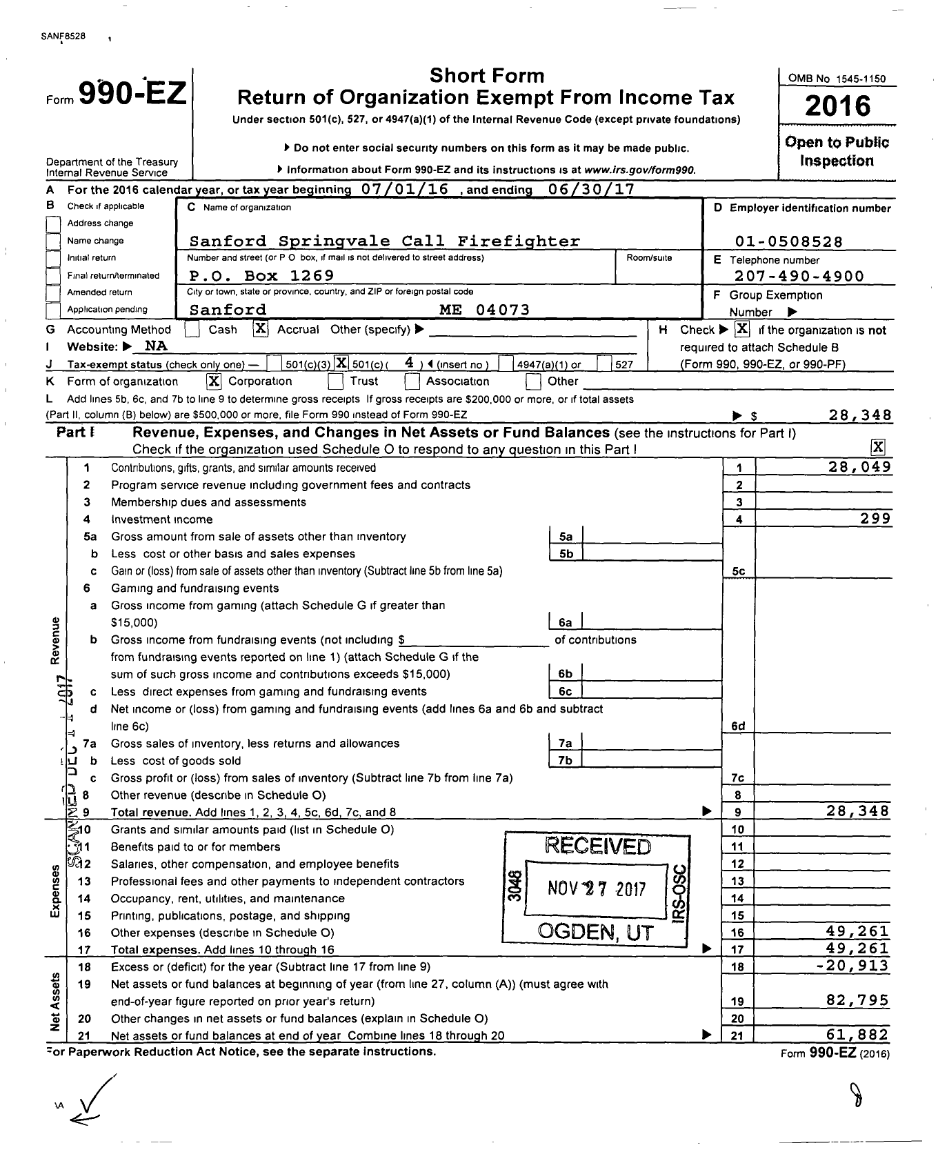 Image of first page of 2016 Form 990EO for Sanford Springvale Call Firefighters