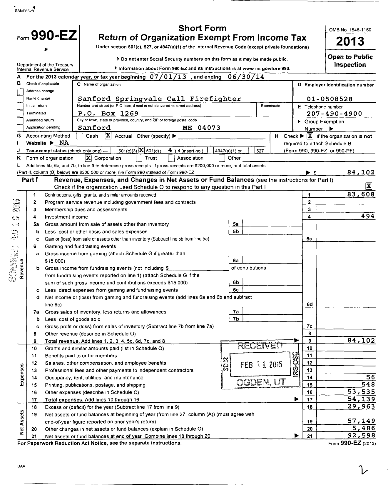 Image of first page of 2013 Form 990EO for Sanford Springvale Call Firefighters