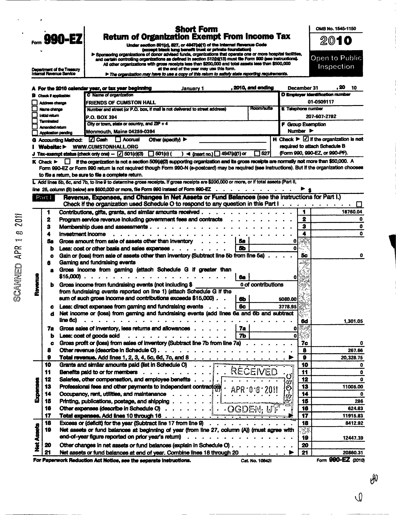 Image of first page of 2010 Form 990EZ for Friends of Cumston Hall