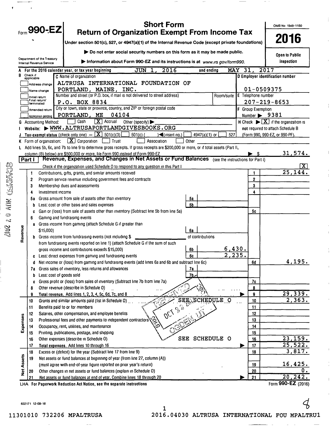 Image of first page of 2016 Form 990EZ for Altrusa International Foundation / Portland Maine