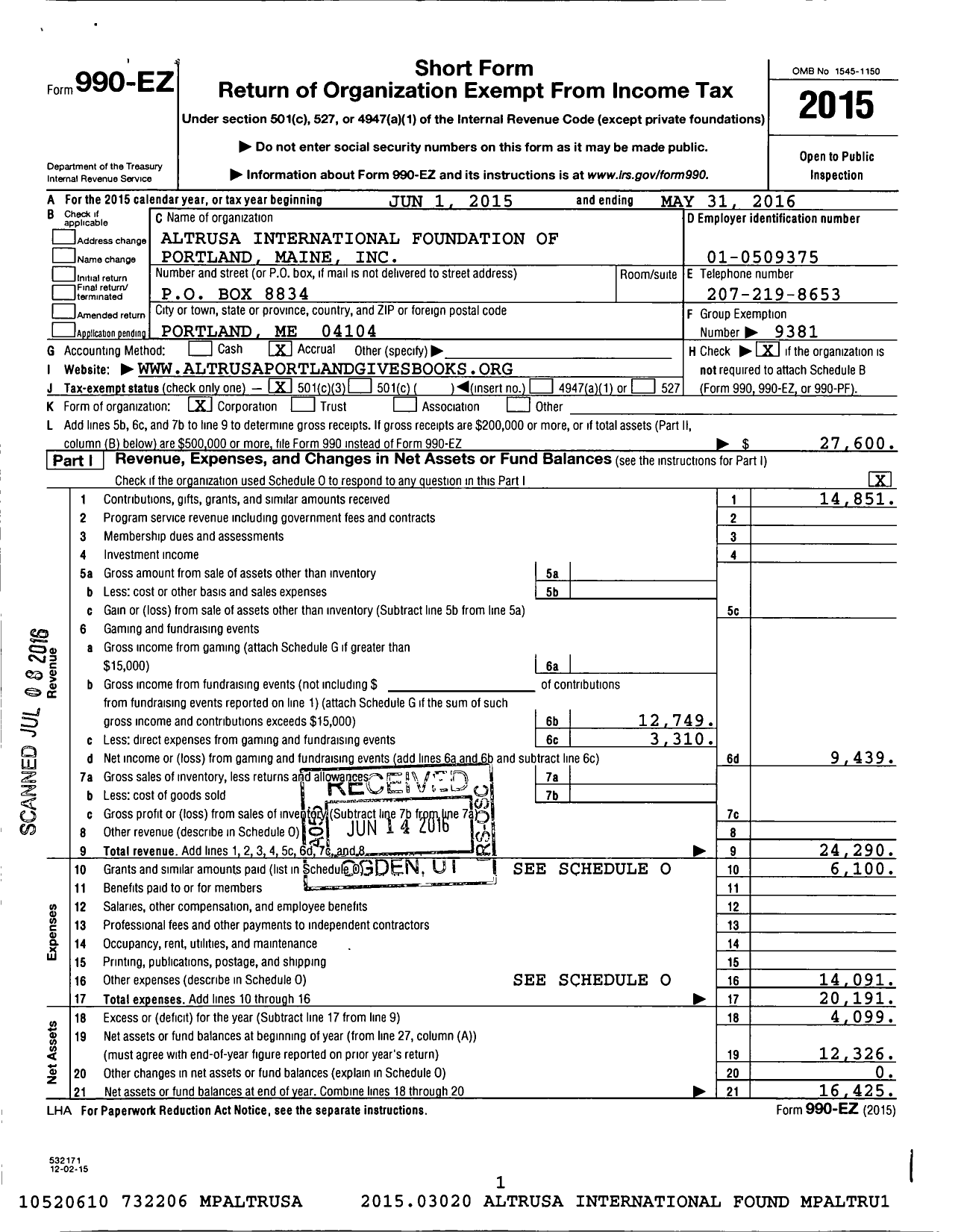 Image of first page of 2015 Form 990EZ for Altrusa International Foundation / Portland Maine