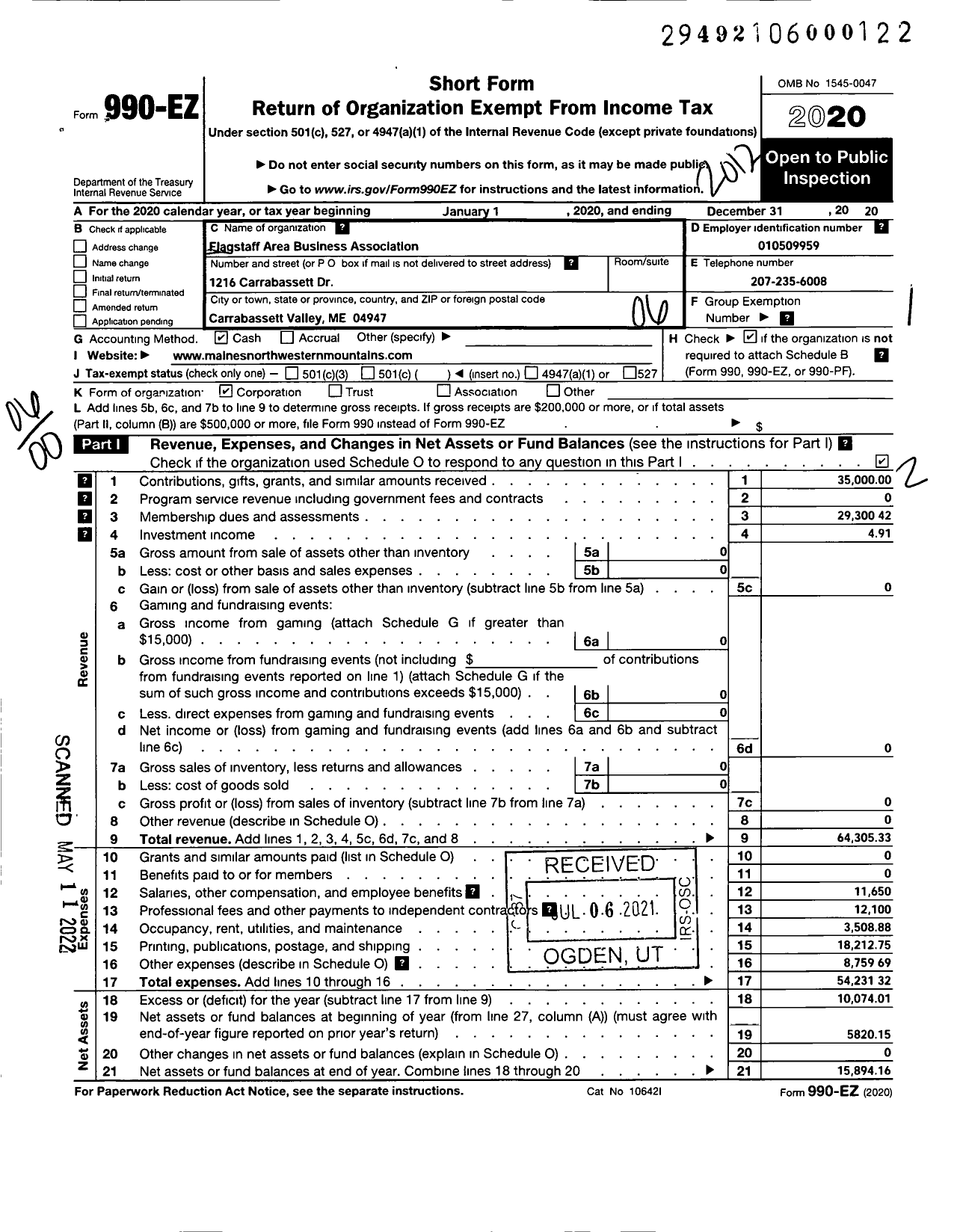 Image of first page of 2020 Form 990EO for Flagstaff Area Business Association