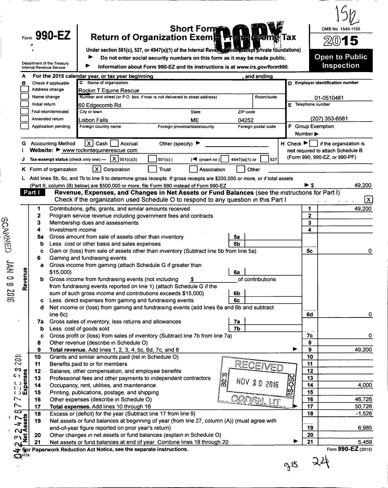 Image of first page of 2015 Form 990EZ for Rockin T Equine Rescue