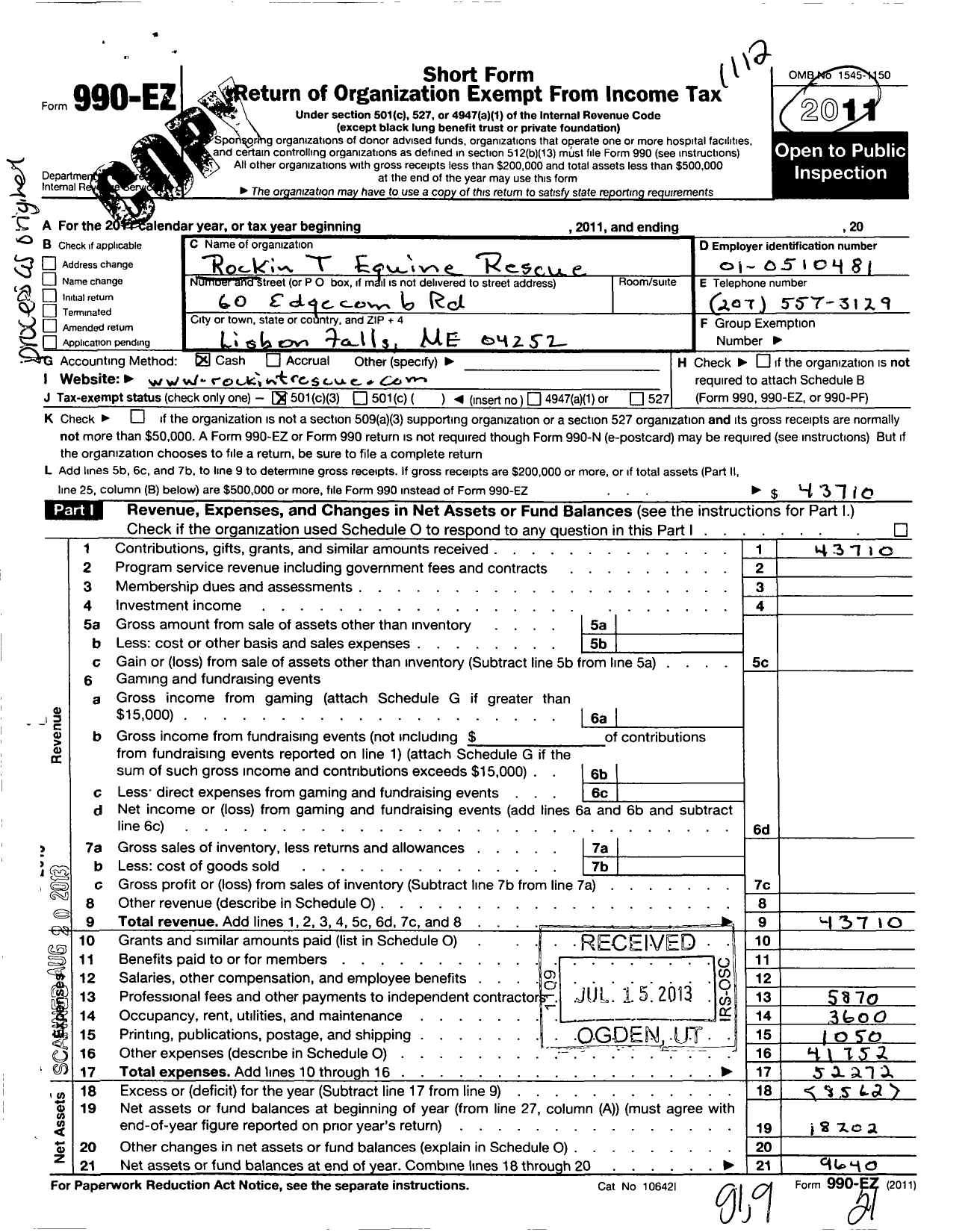 Image of first page of 2011 Form 990EZ for Rockin T Equine Rescue