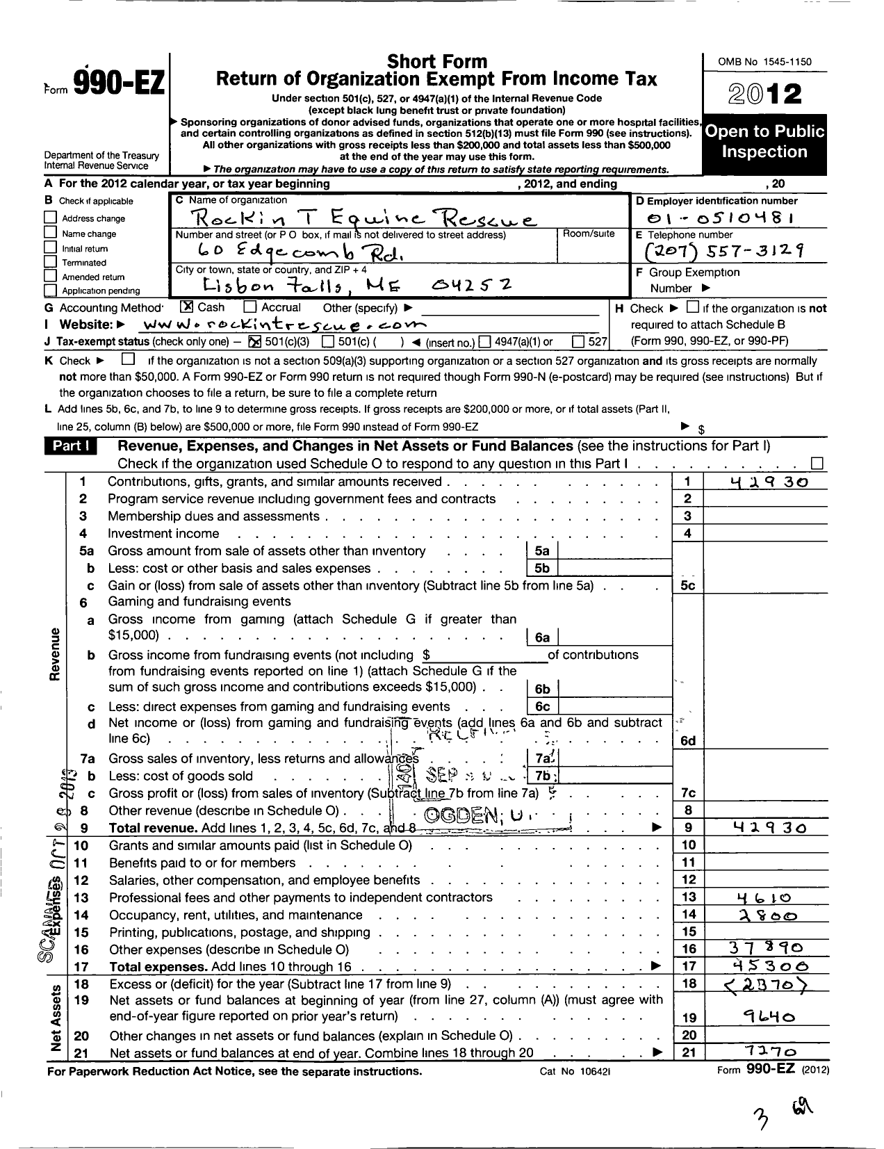 Image of first page of 2012 Form 990EZ for Rockin T Equine Rescue