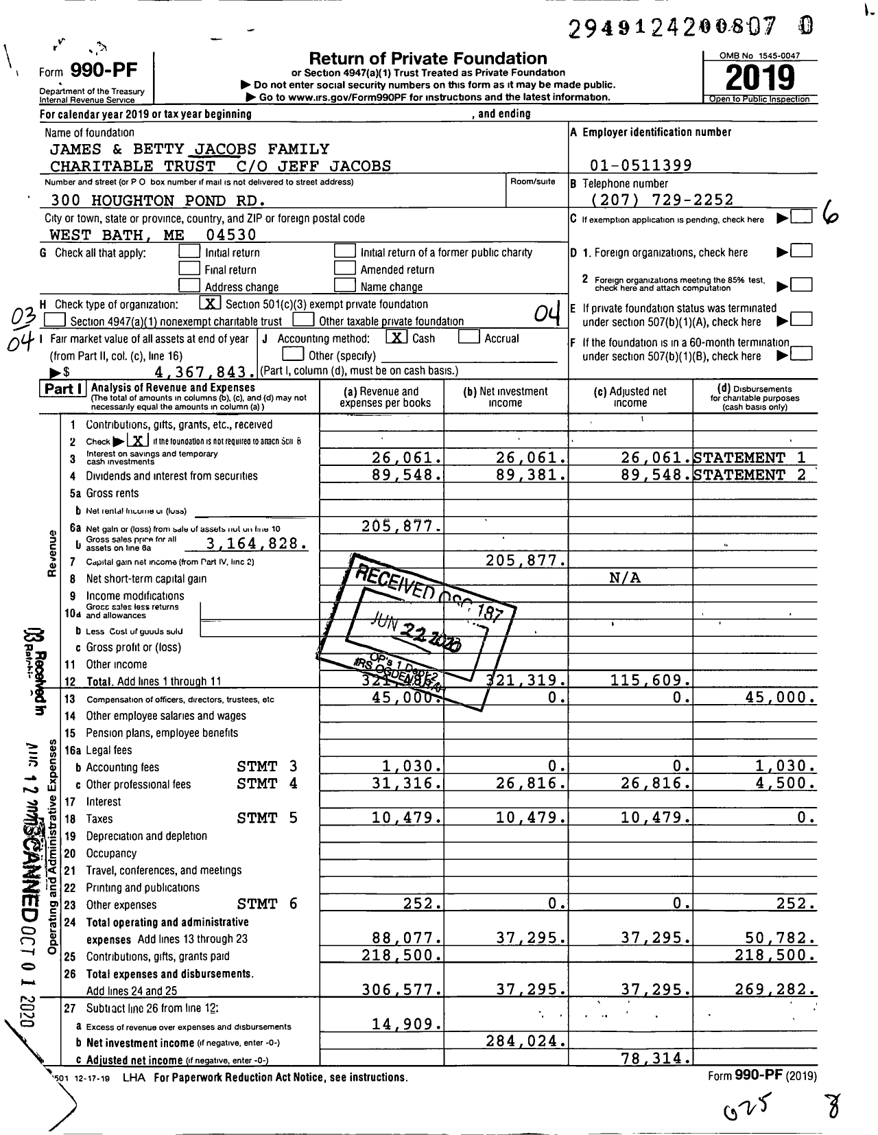 Image of first page of 2019 Form 990PR for James and Betty Jacobs Family Charitable Trust