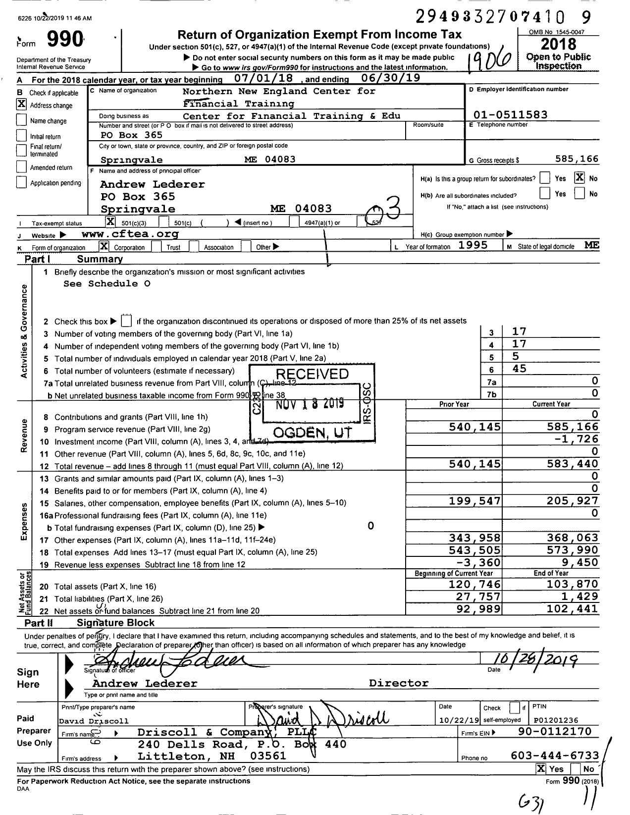 Image of first page of 2018 Form 990 for Northern New England Center for Financial Training