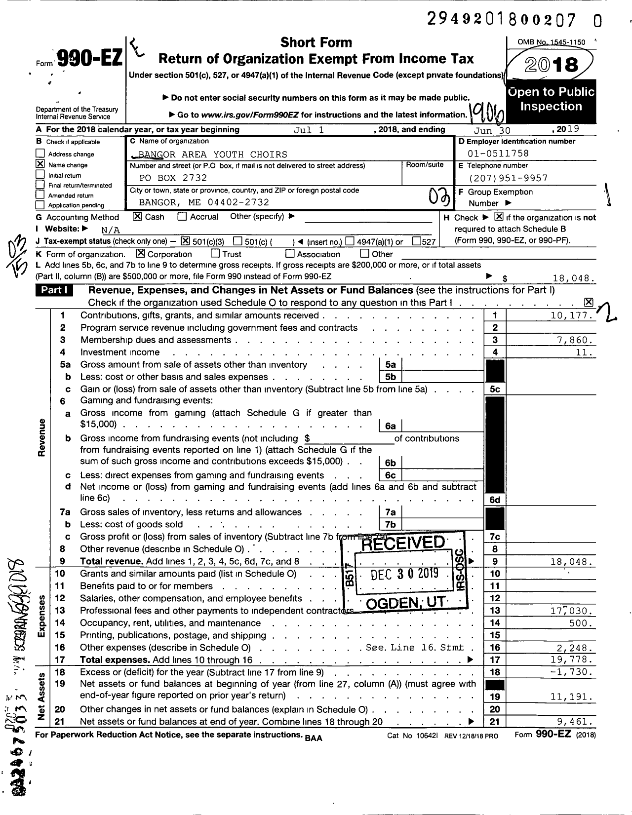 Image of first page of 2018 Form 990EZ for Bangor Area Youth Choirs