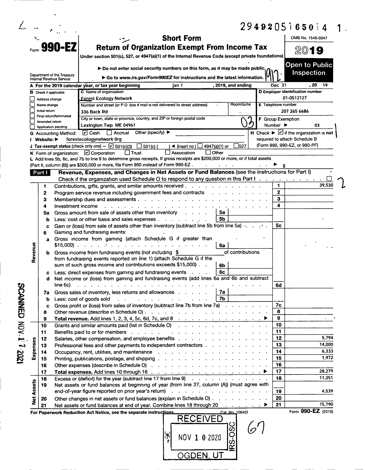 Image of first page of 2019 Form 990EZ for Forest Ecology Network