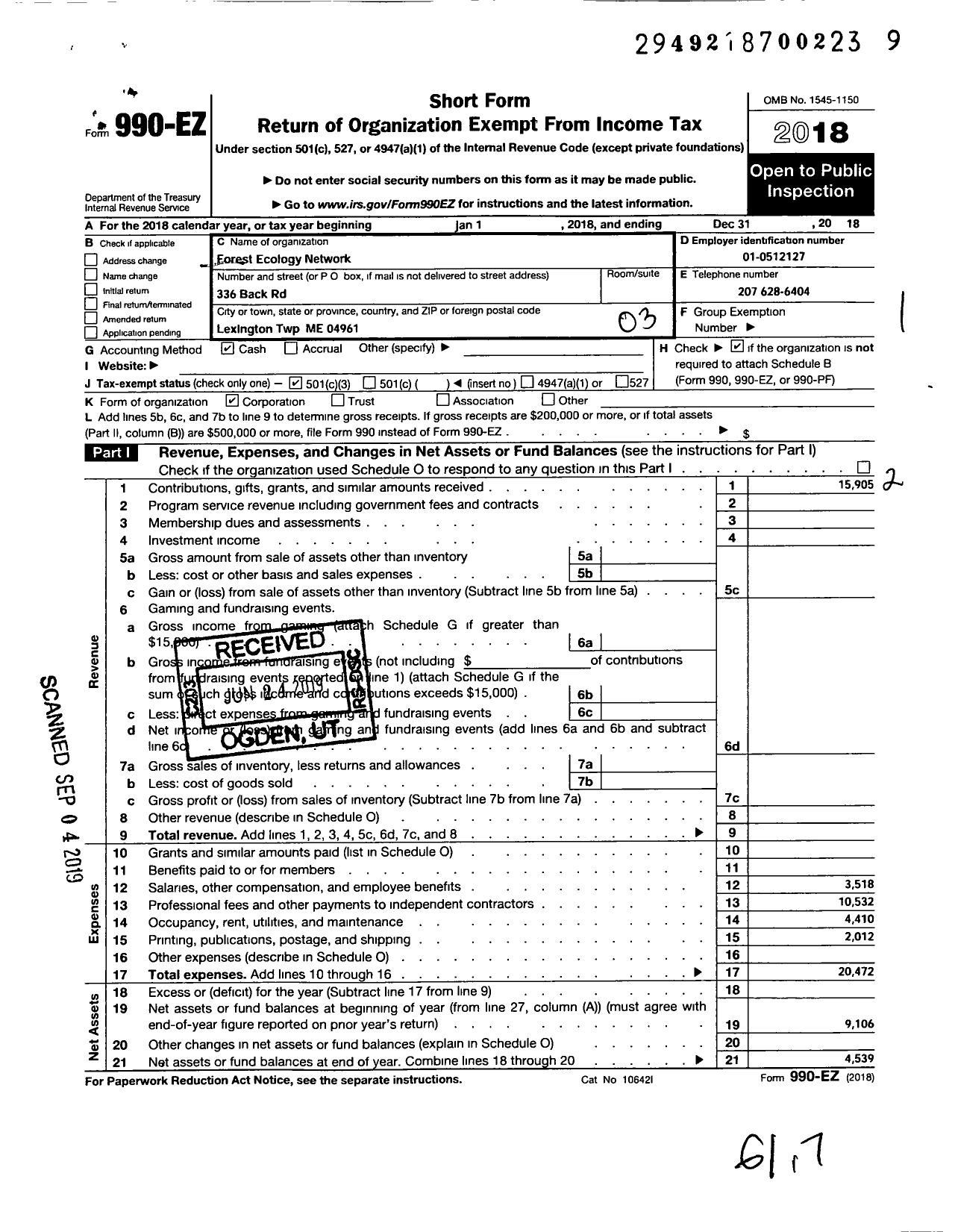 Image of first page of 2018 Form 990EZ for Forest Ecology Network