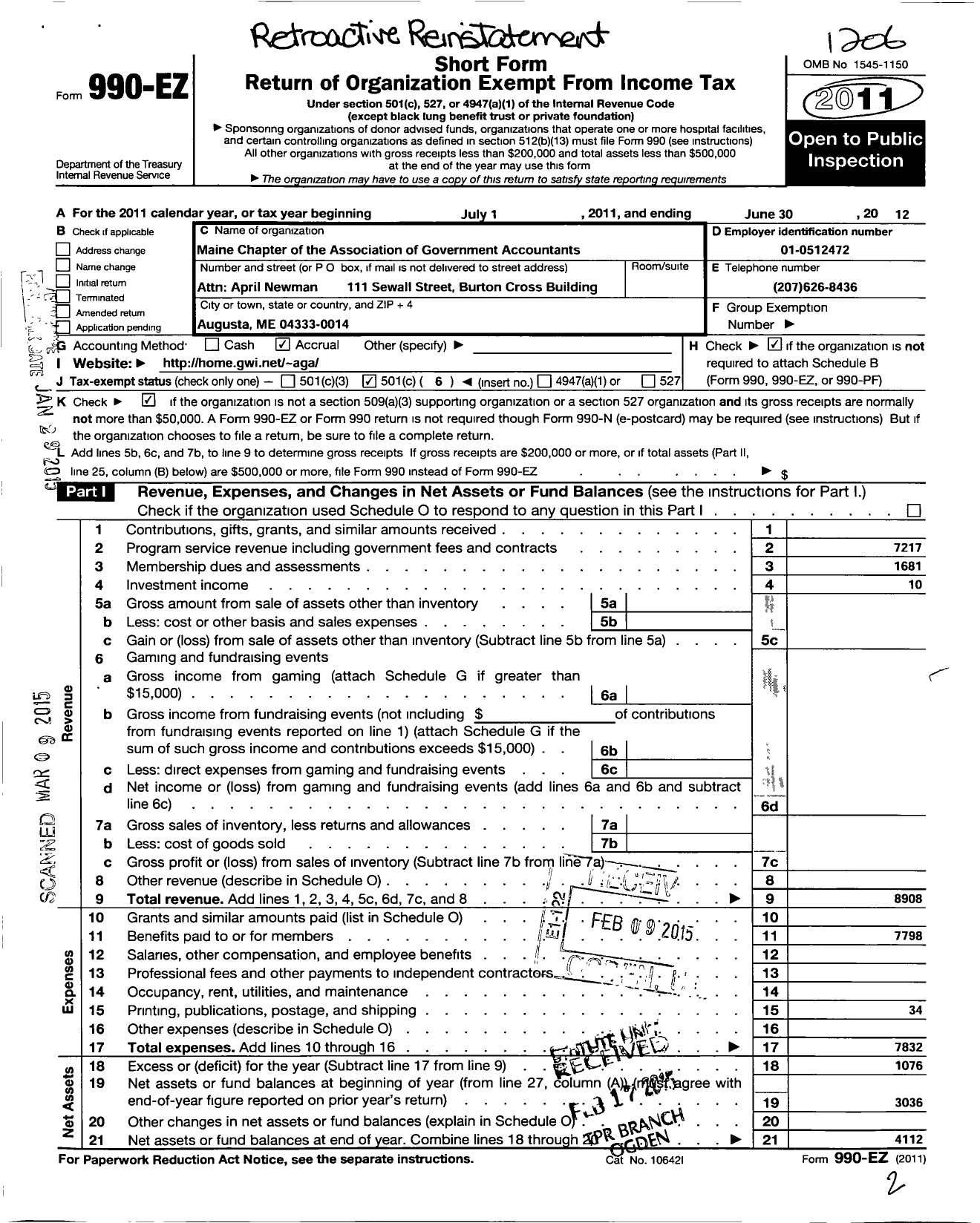 Image of first page of 2011 Form 990EO for Maine Chapter of the Association of Government Accountants